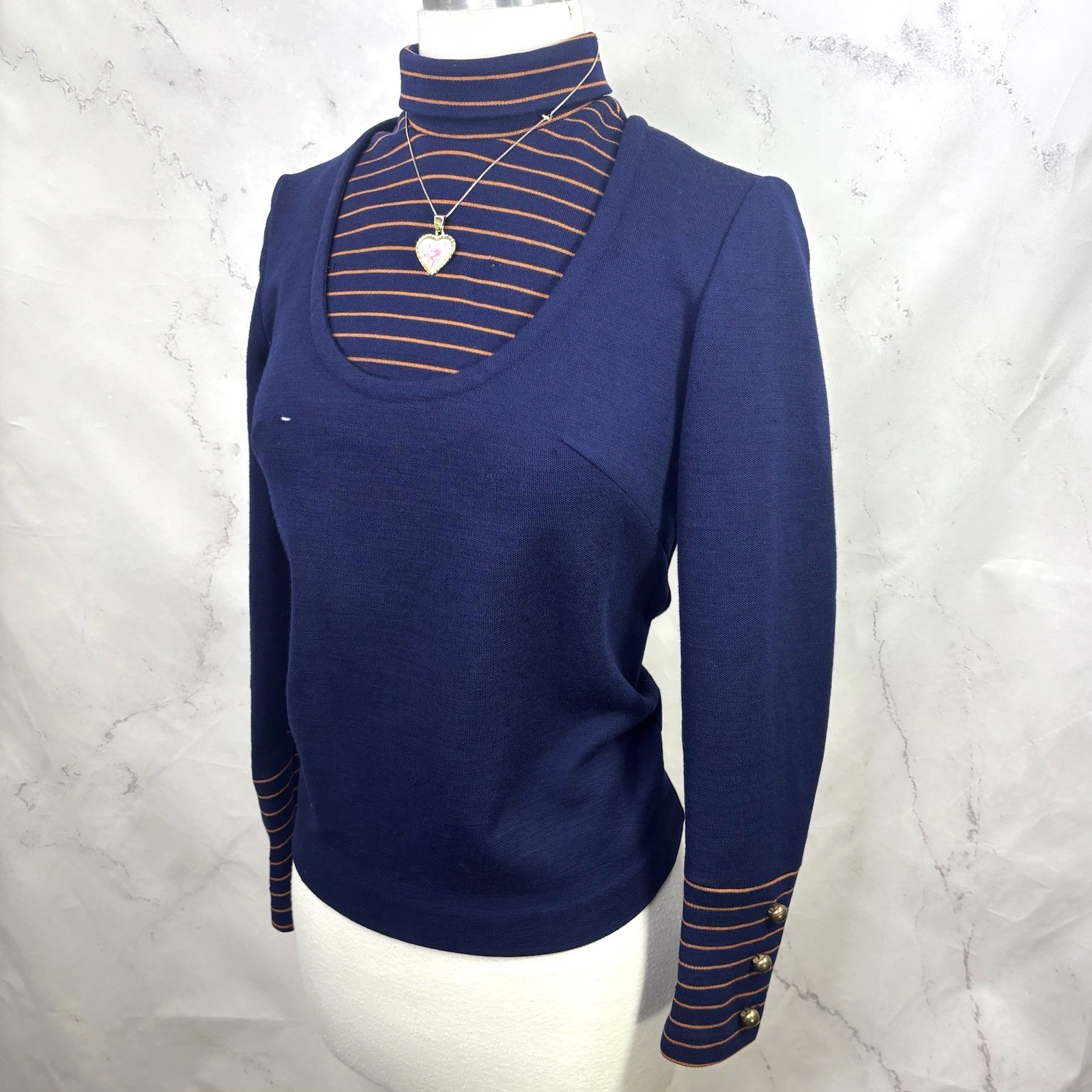 Vintage 60s MOD Nautical Top Blouse Twiggy Mock Neck Black Zip Union S USA Flaw