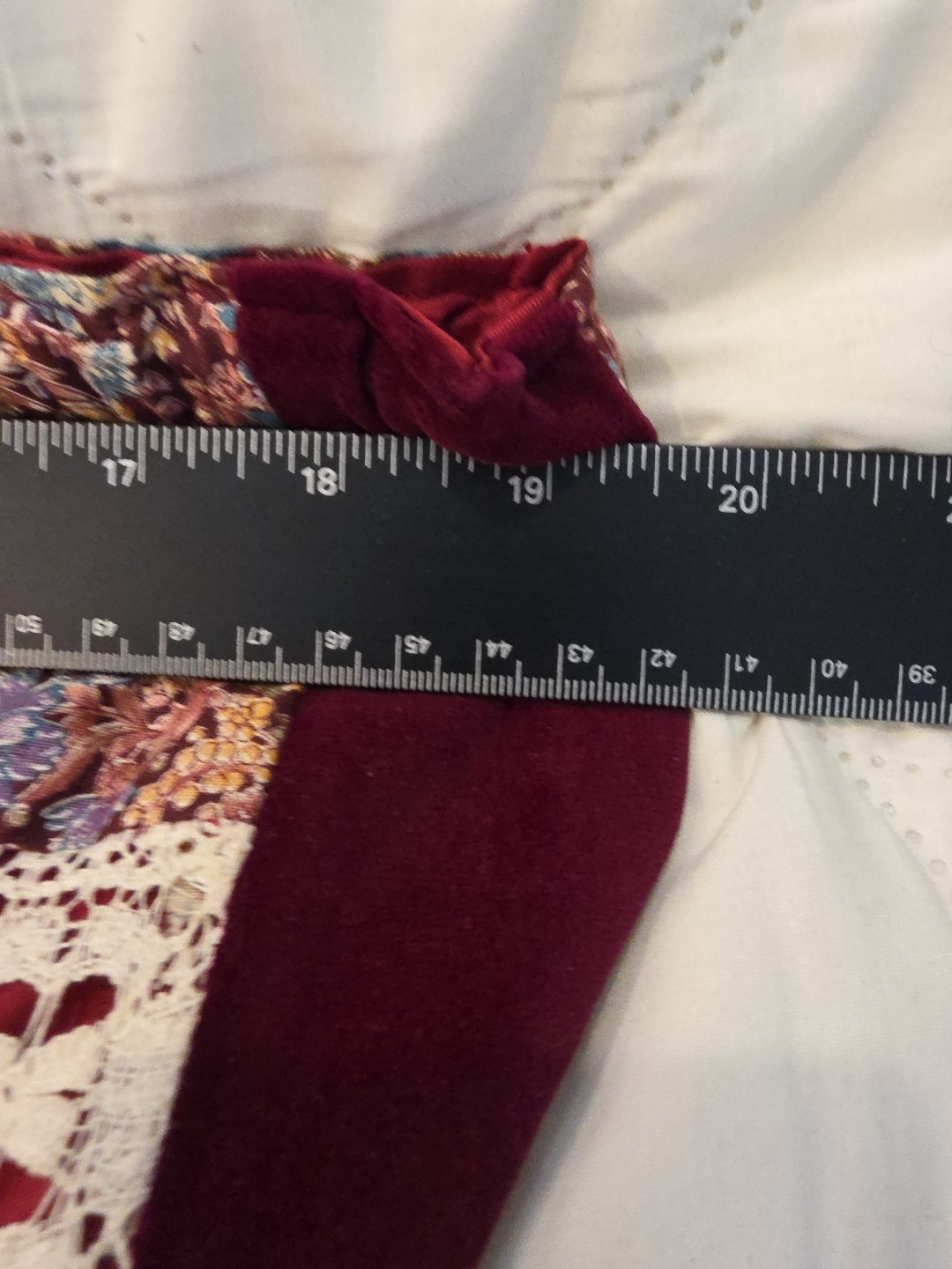 70s Floral Lace Patchwork Maroon White Long Skirt Cotton Blend Mr. Hank Sz L EUC