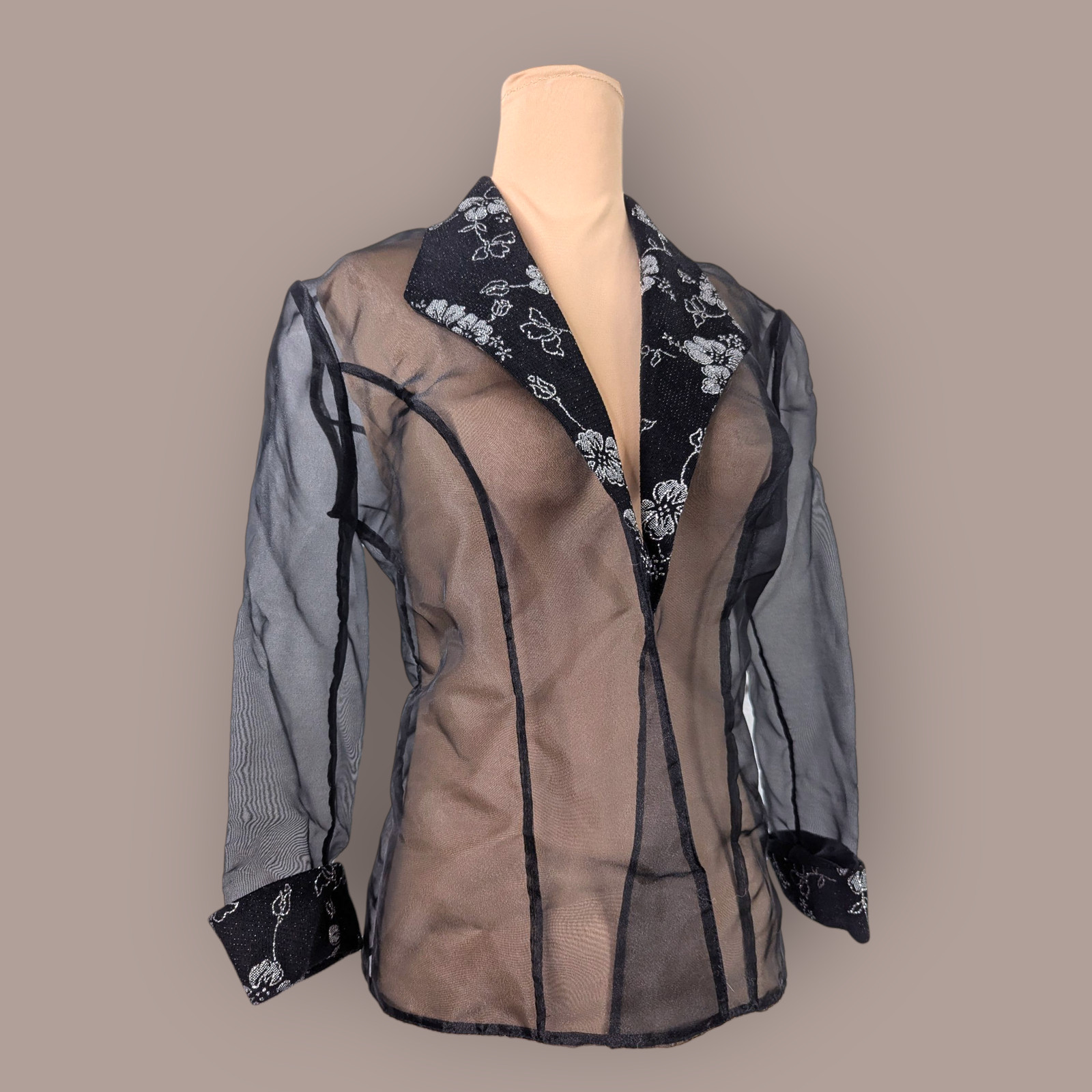 Alex Evenings Sheer Black Floral Jacket Silver floral print Size Small