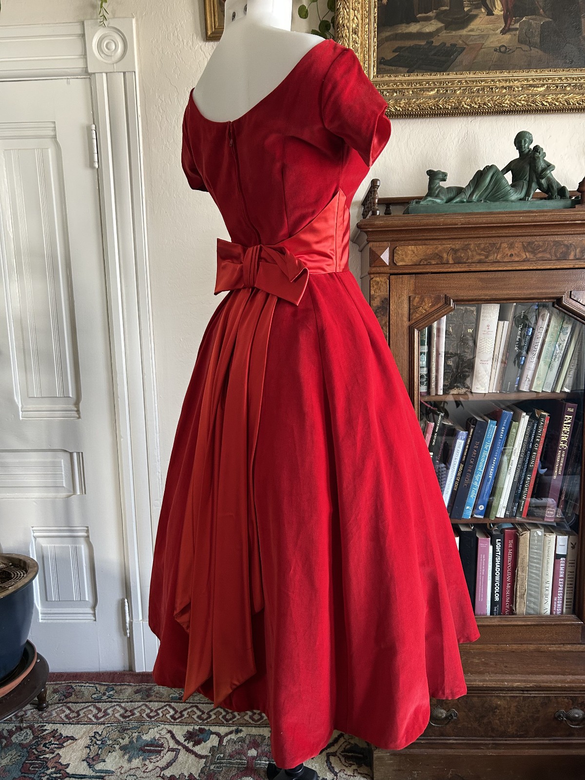 Vintage 1950s Ruby Red Velvet Party Dress Satin Sash Full Skirt XS Formal Bow
