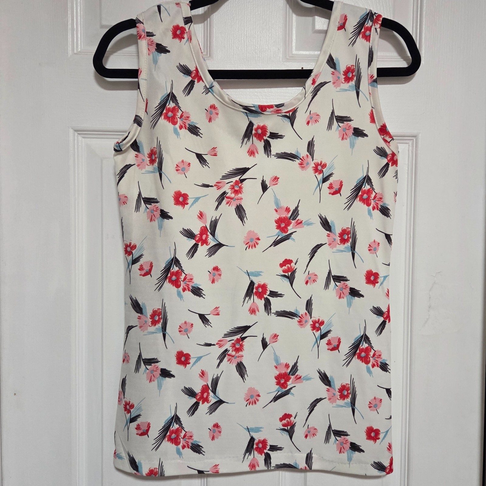 Vintage 70s Novelty Floral Print TANK TOP Stretchy Nylon POLYESTER Size M