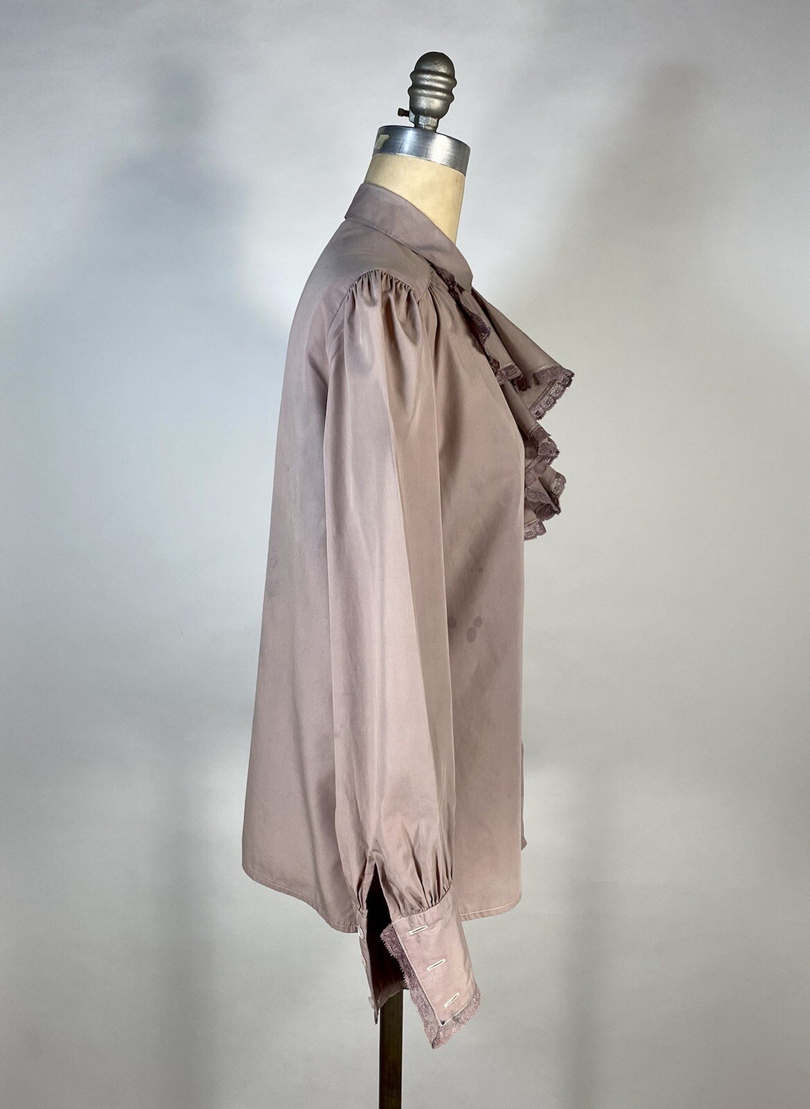 Vintage 1980&rsquo;s REGENCY style distressed over-dyed Lilac purple ruffle blouse Med