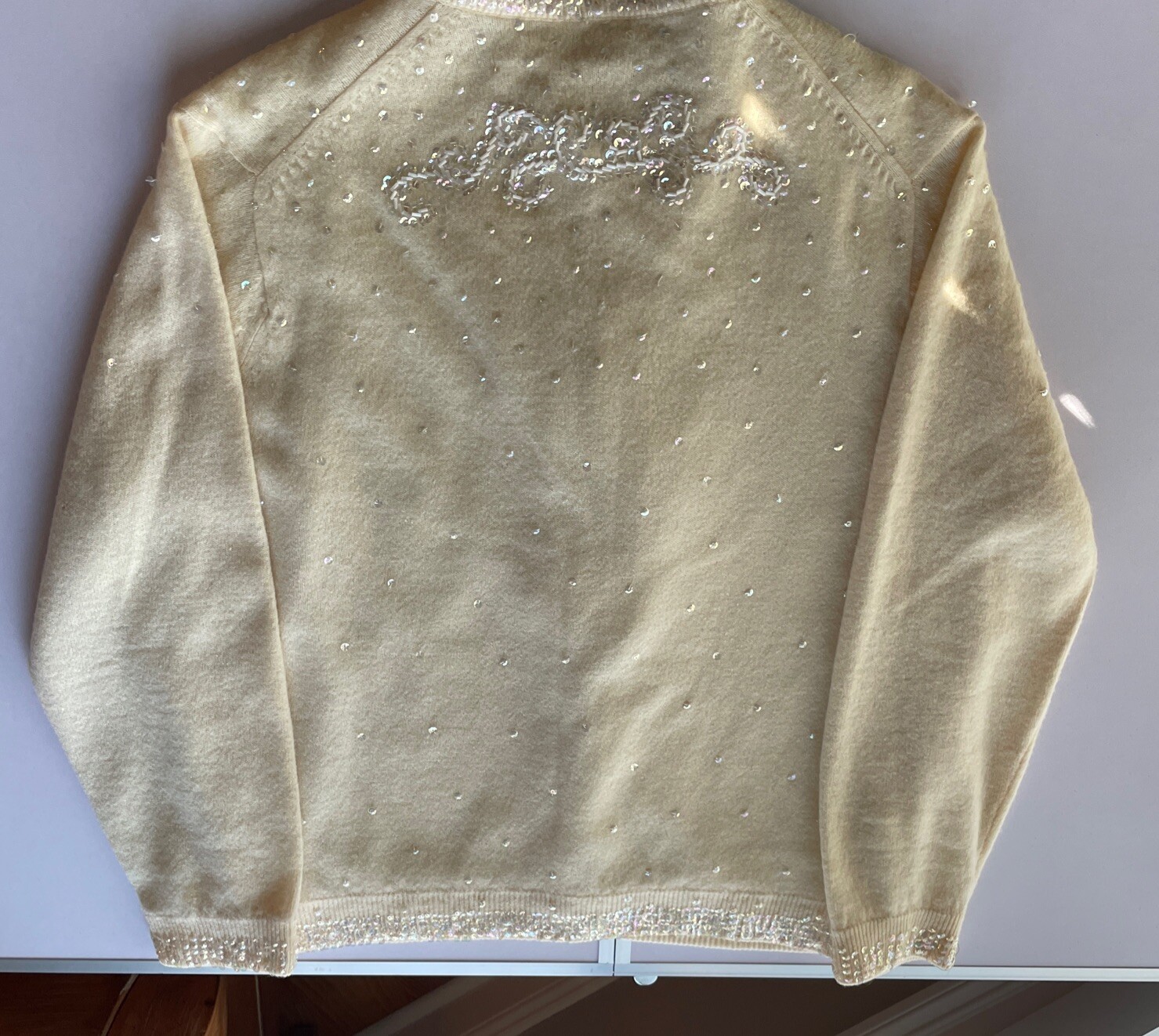 Angora Lamb’s Wool Hand Beaded Vintage 1940-50 Yellow Cardigan Size 42