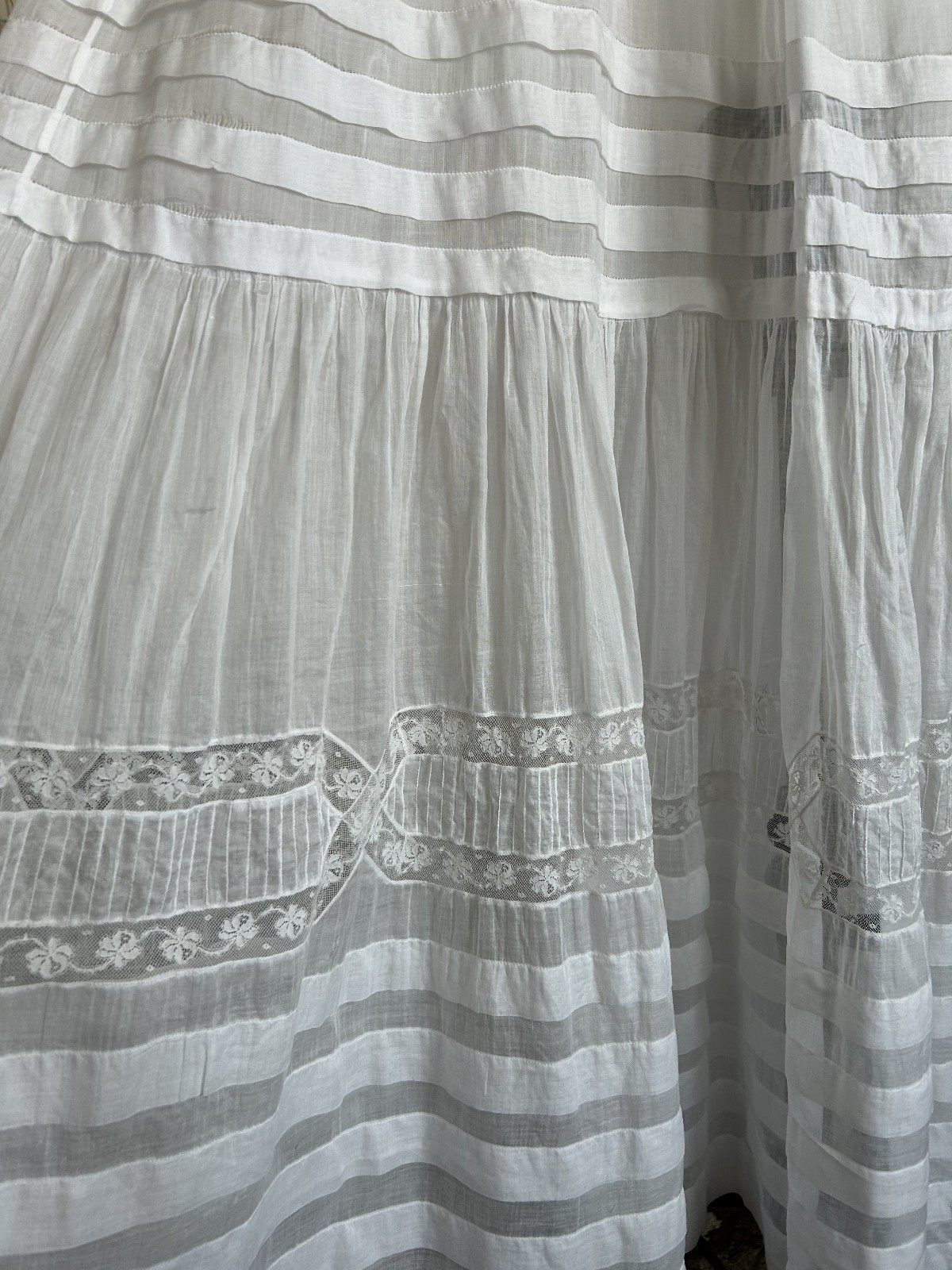 Antique Victorian Edwardian Cotton Lawn Skirt Sheer White Lace Petticoat VTG SM