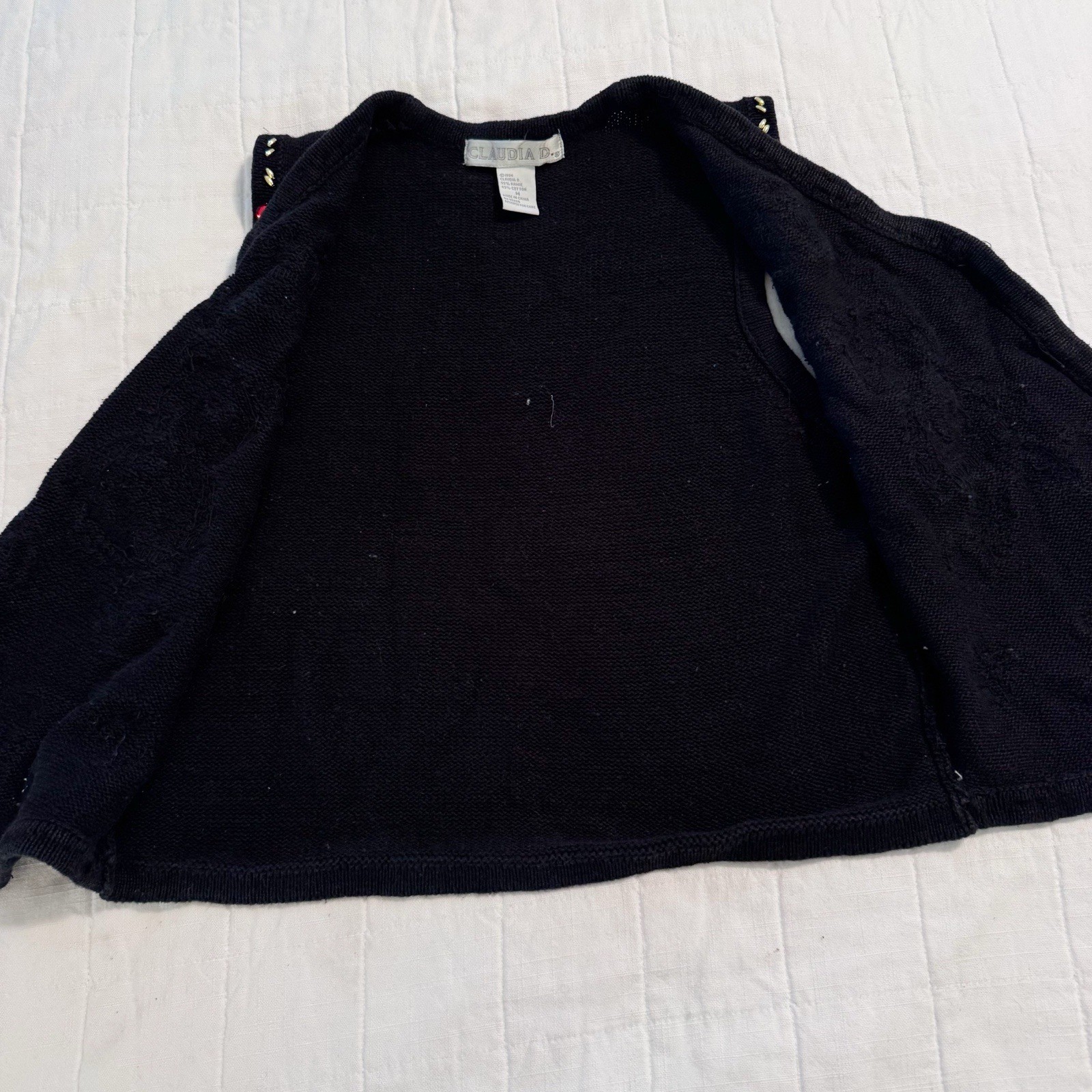 Vintage 90s Claudia D. Beaded Sequenced Christmas Sweater Vest Black Med Womens