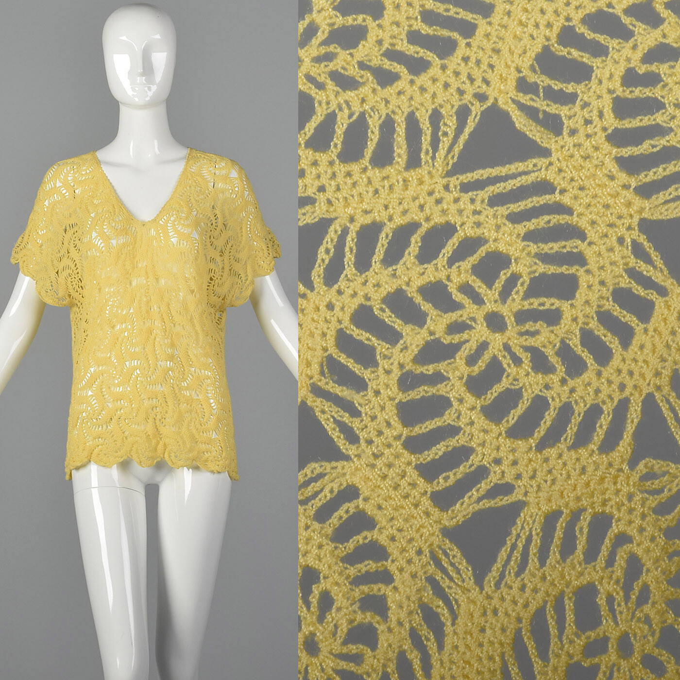M 1980s Lightweight Yellow Crochet Top Short Sleeves Spring Summer Separates 80s