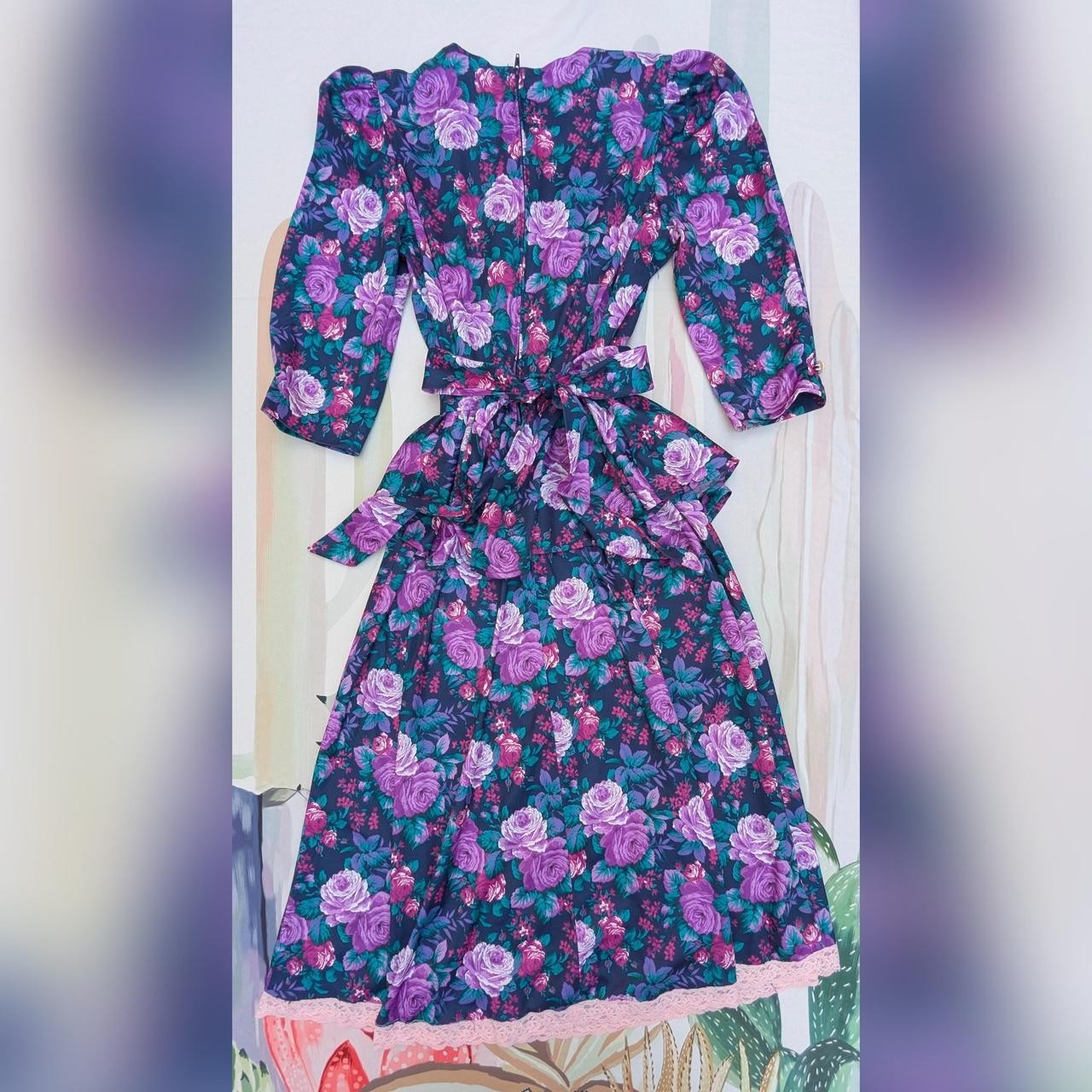 Vintage 80&rsquo;s Tabby of California Purple & Green Floral Rose Peplum Dress