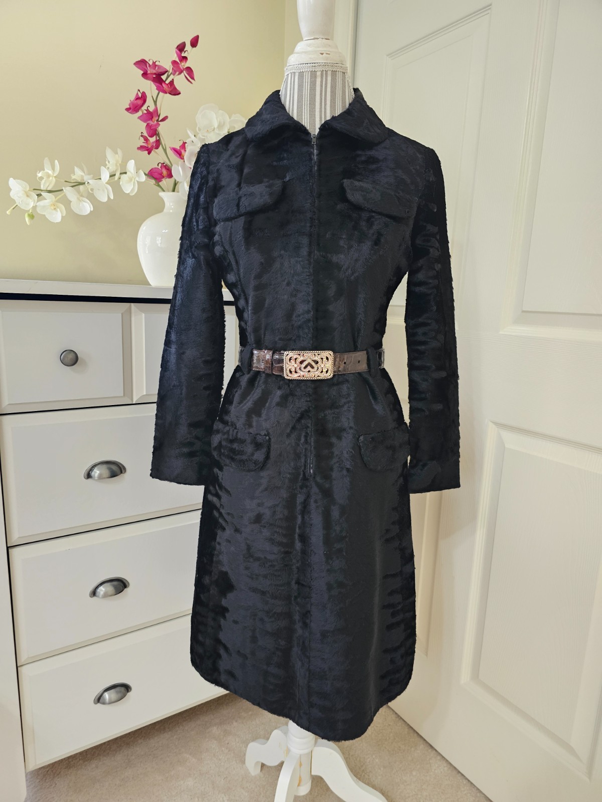 VTG 1960s Adele Simpson Womens Black Crushed Velvet Half Zip Coat Dress Sz. M