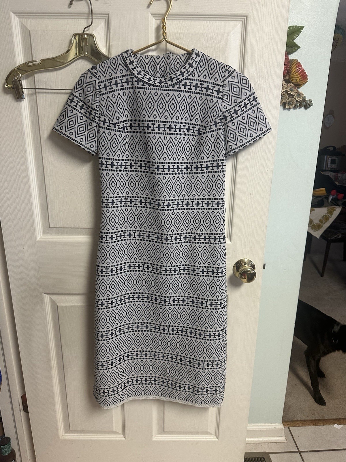 VTG 60s MOD DRESS TEXTURED POLY KNIT BACK ZIP Argyle All Over Print Small 34×42