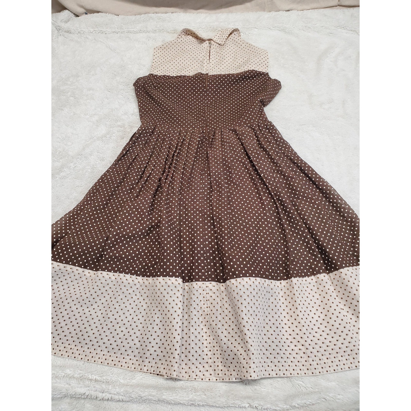 Vintage Adele Marcin Brown Cream Polka Dot Midi Dress XS Boho Chic Retro Cottage