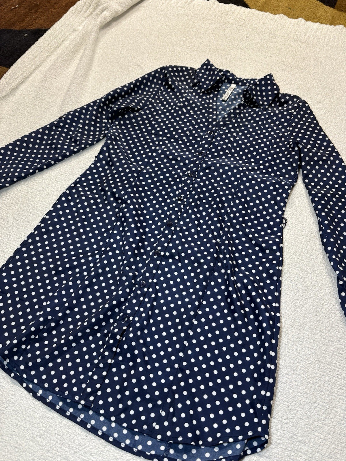 R N B Navy Blue Polka Dot Button Long Sleeve Dress – Size Medium Missing Belt