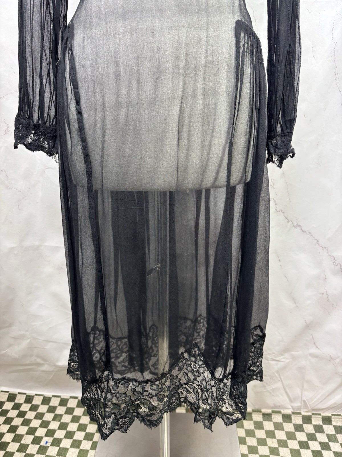 Antique 1920s Black Sheer Silk Chiffon Drop Waist Dress Art Deco Glam Vintage M