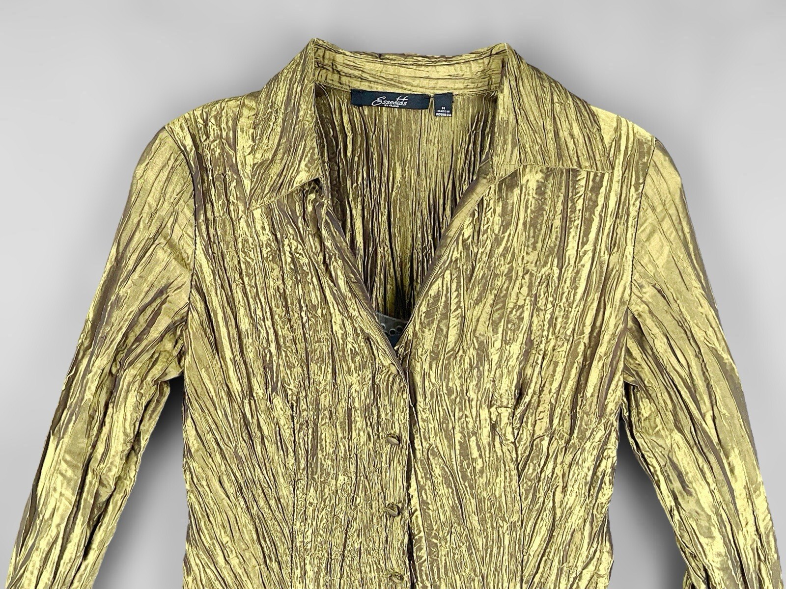 Y2K 90s Milano Essentials Green Shimmer Button Up Blouse Top Sz M