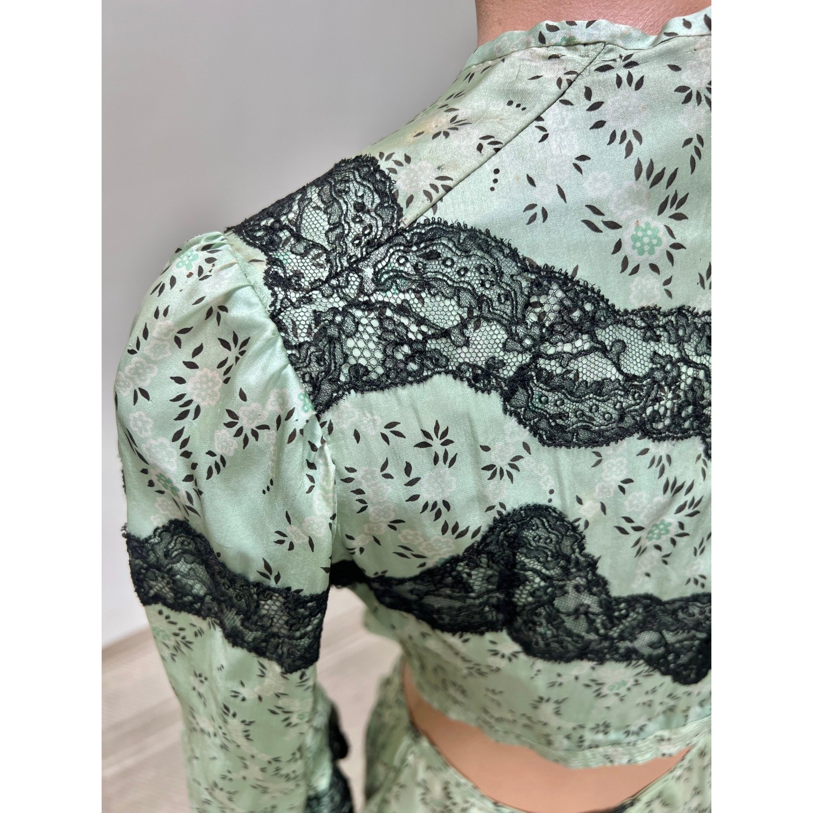 Antique Victorian Mint Green Printed Silk Two Piece Floral Skirt Set Black Lace