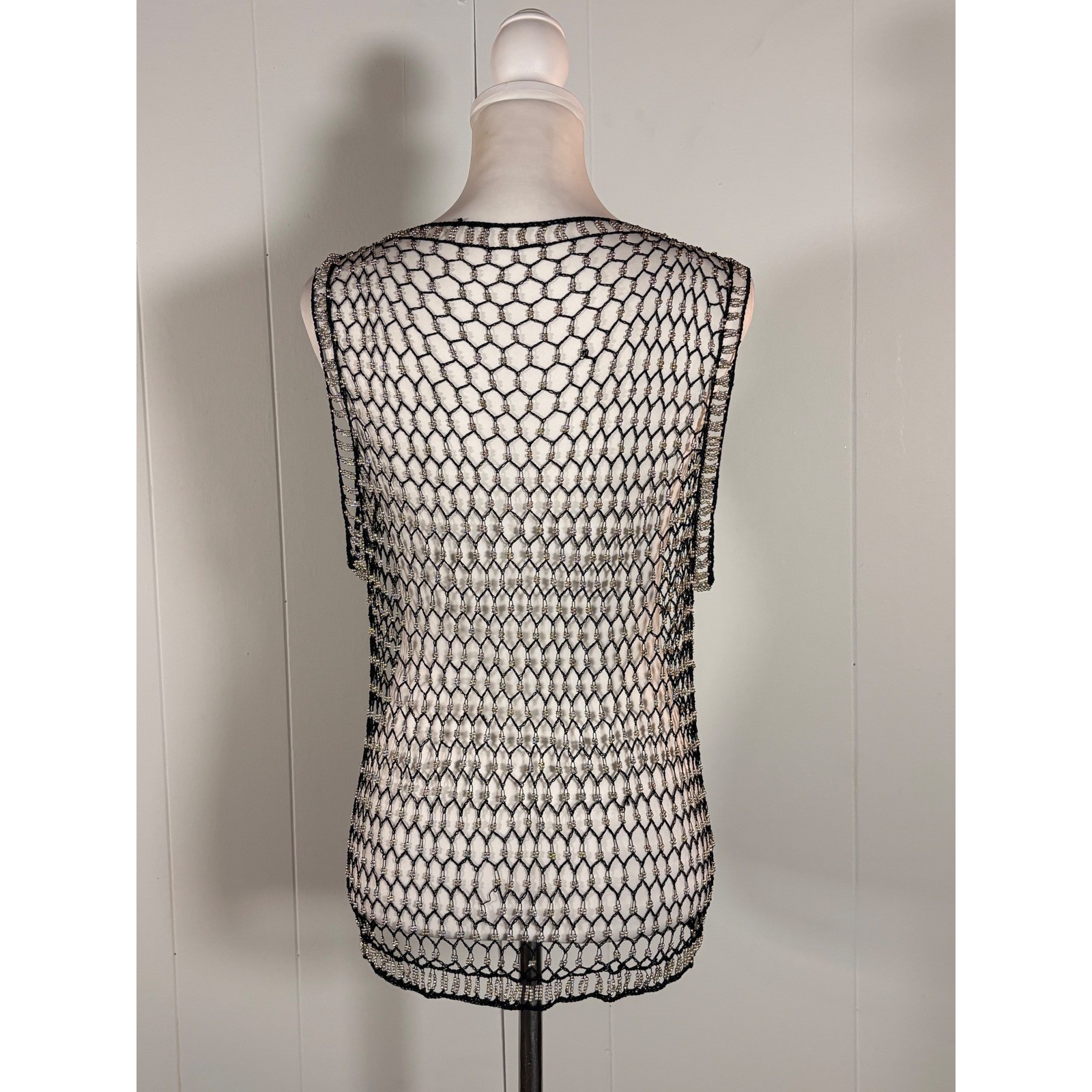 Vintage 90s Crochet Beaded Vest Women&rsquo;s M Boho Hippie Retro Goth Glam Festival
