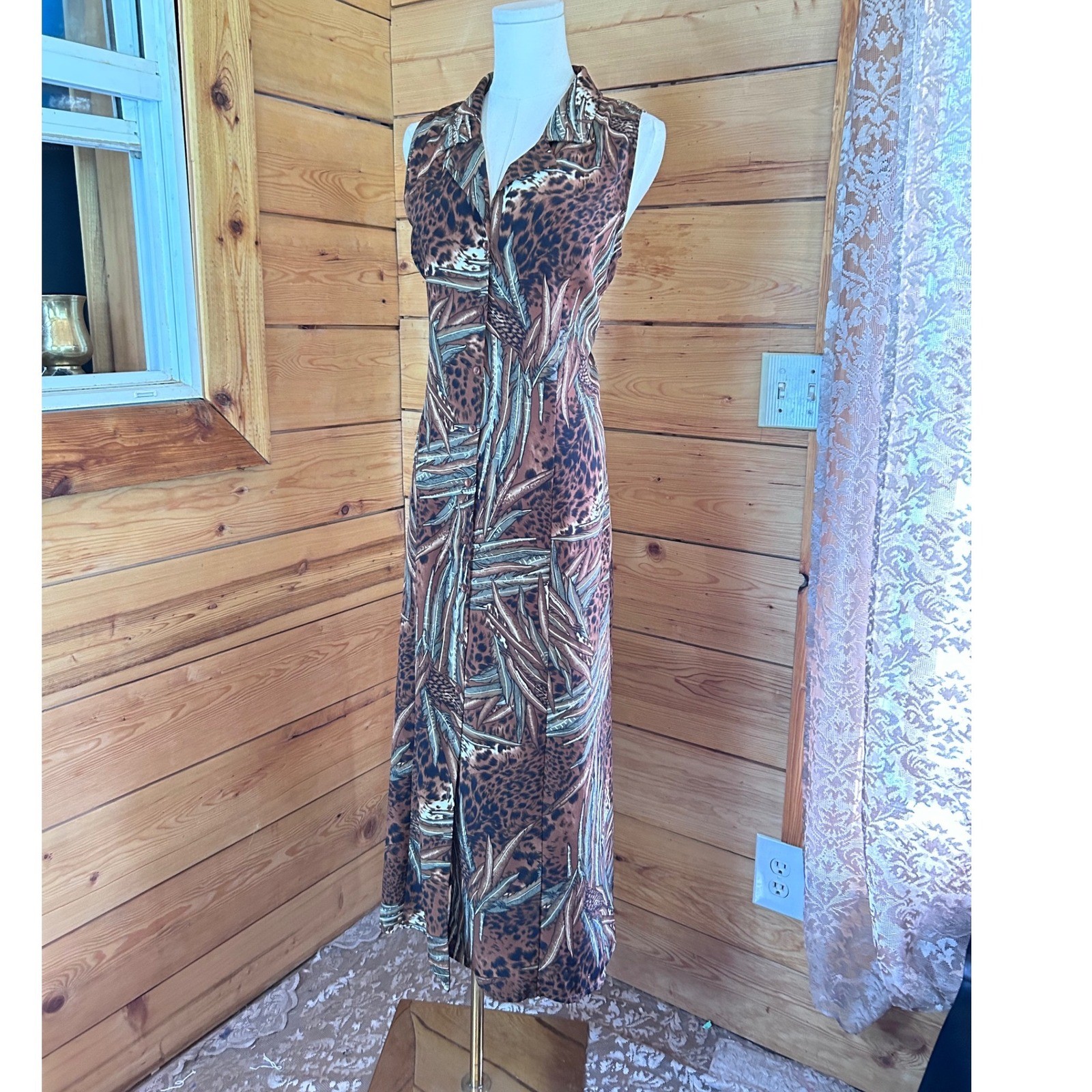 Vintage Maxi Dress Size 14 Brown Leopard Palm Leaf East West Fashions Retro 90&rsquo;s