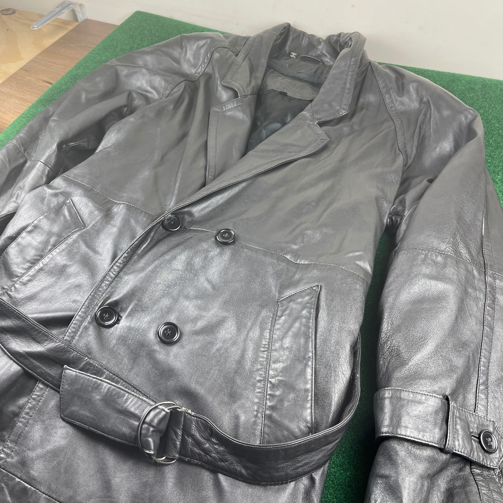 American Armor Black Leather Double Breasted Belted Trench Coat Classic Style
