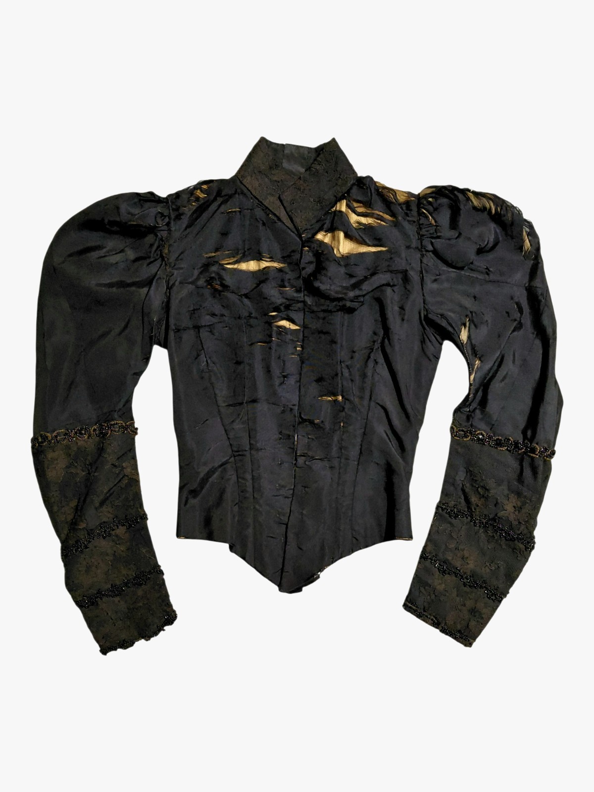 Antique 1890s Victorian Mourning Bodice Silk Faille FrenchJet Beads Wounded Bird