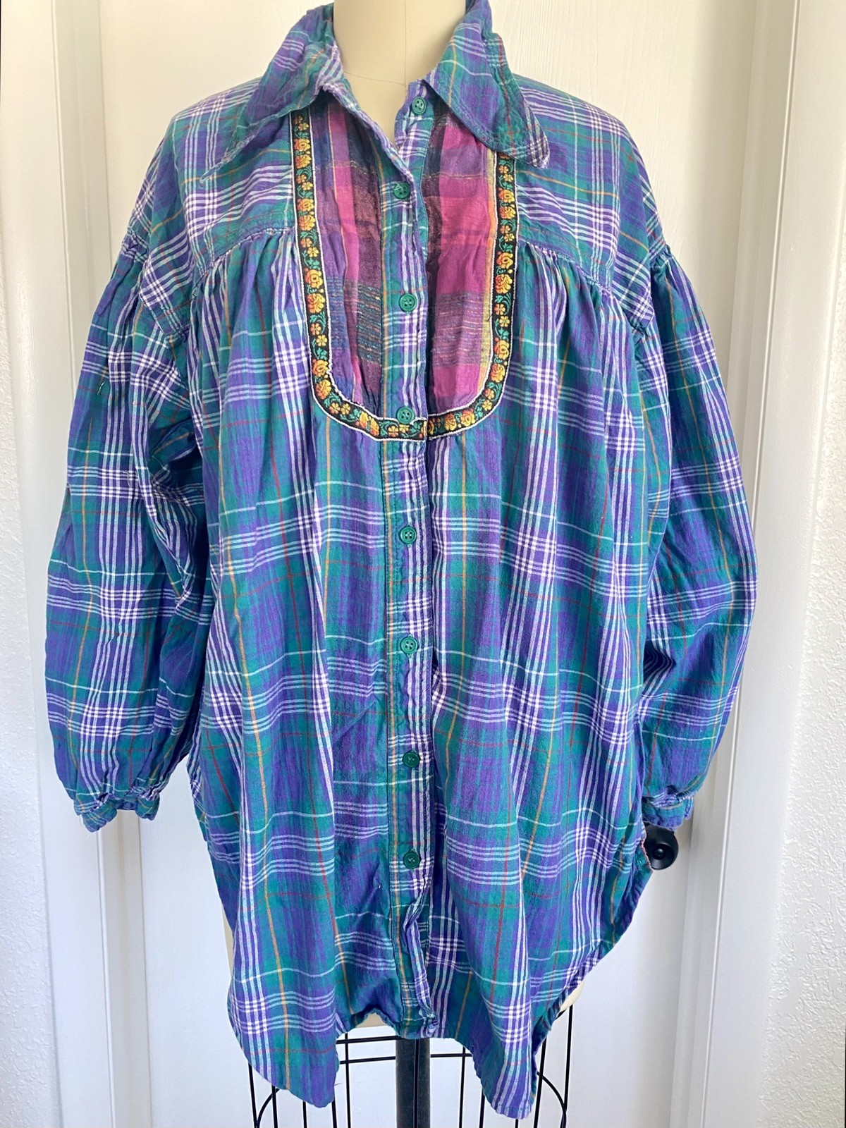 Blouse Vtg 80&rsquo;s 90&rsquo;s Colorful Billowy Cotton Embroidered Trim Blouse M Nepal