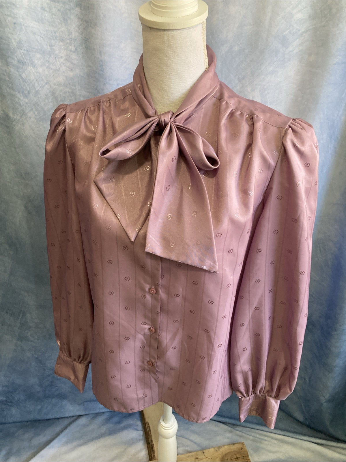 Vtg 80s Rich Affordables Secretary Blouse Lavender Pussy Bow Puff Sleeve Poly 10