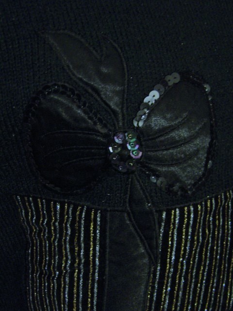 VINTAGE 80s GLAM BLACK SEQUIN SATIN LACE EMBELLISHED CHRISTMAS PRESENT SWEATER M
