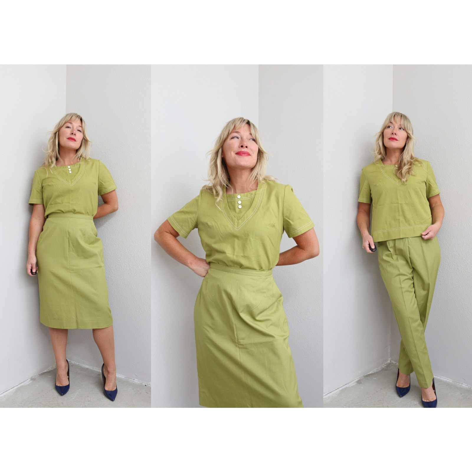 1960&rsquo;s Deadstock 3 Piece Graff Avocado Slacks, Skirt & Blouse Set Women&rsquo;s SM MD