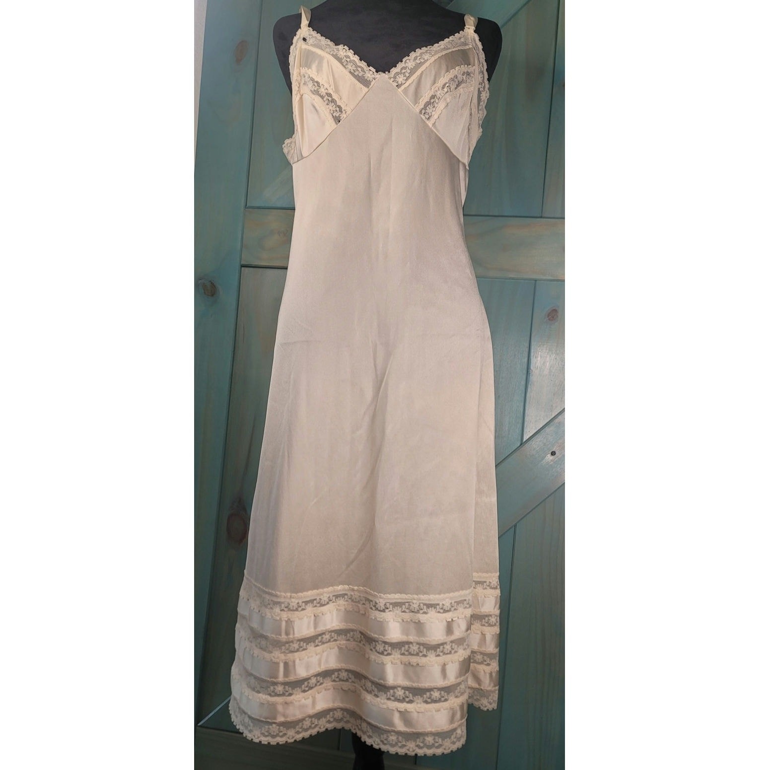 Off-white Vintage Slip Dress Delicate Lace Trim at the Neckline and Hem