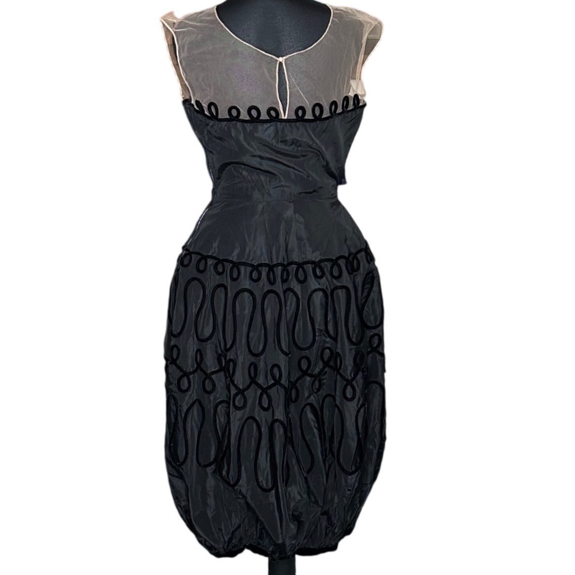Vintage Arnold Fox Black Bubble Hem Dress Velvet Soutache Illusion Neck MCM Flaw