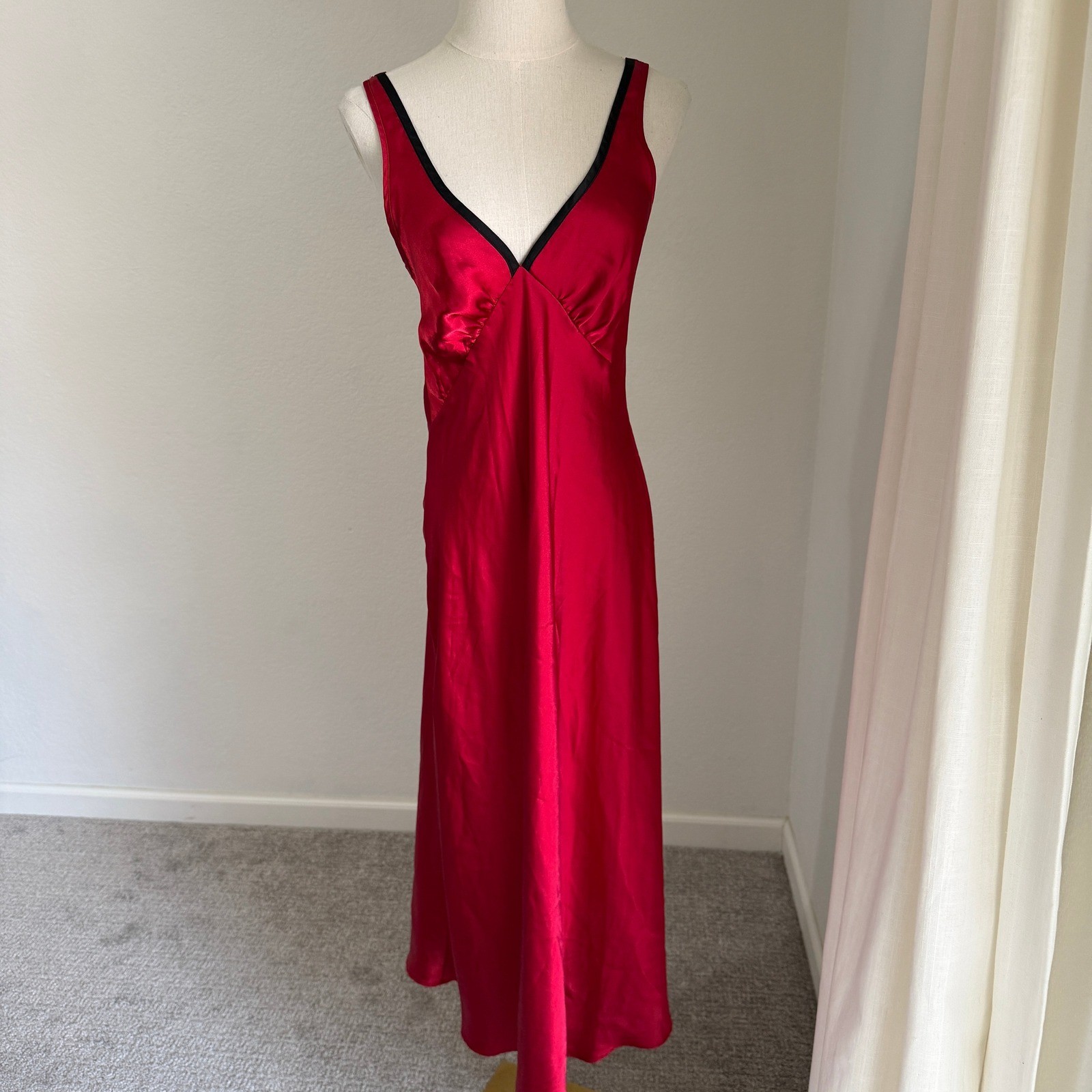 Red Satin V-Neck Slip Dress Midi Chemise Old Hollywood Glamor Boudoir Lingerie