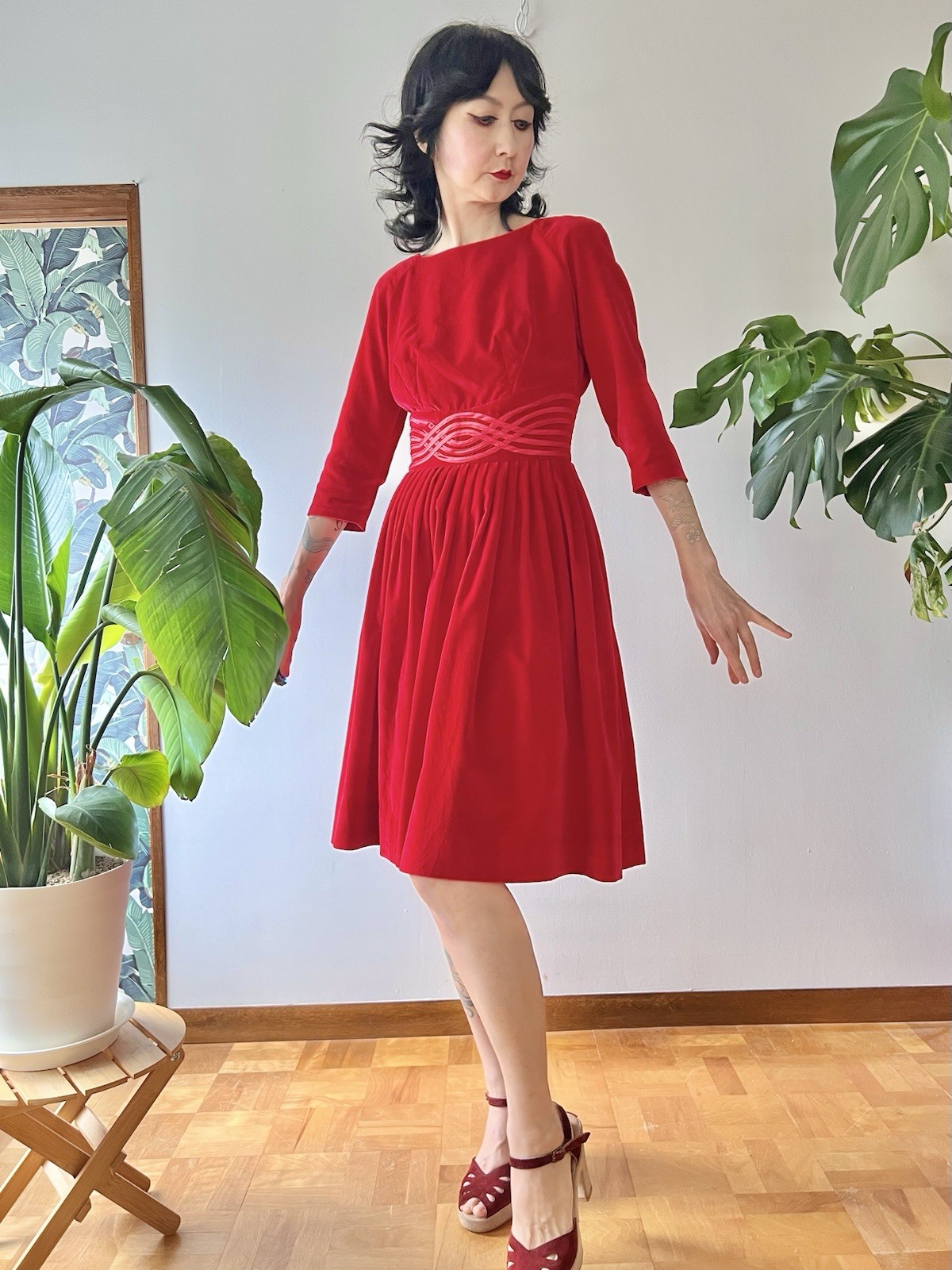 VTG 50s Carol Brent Red Velveteen Cocktail Dress XS/S Rockabilly