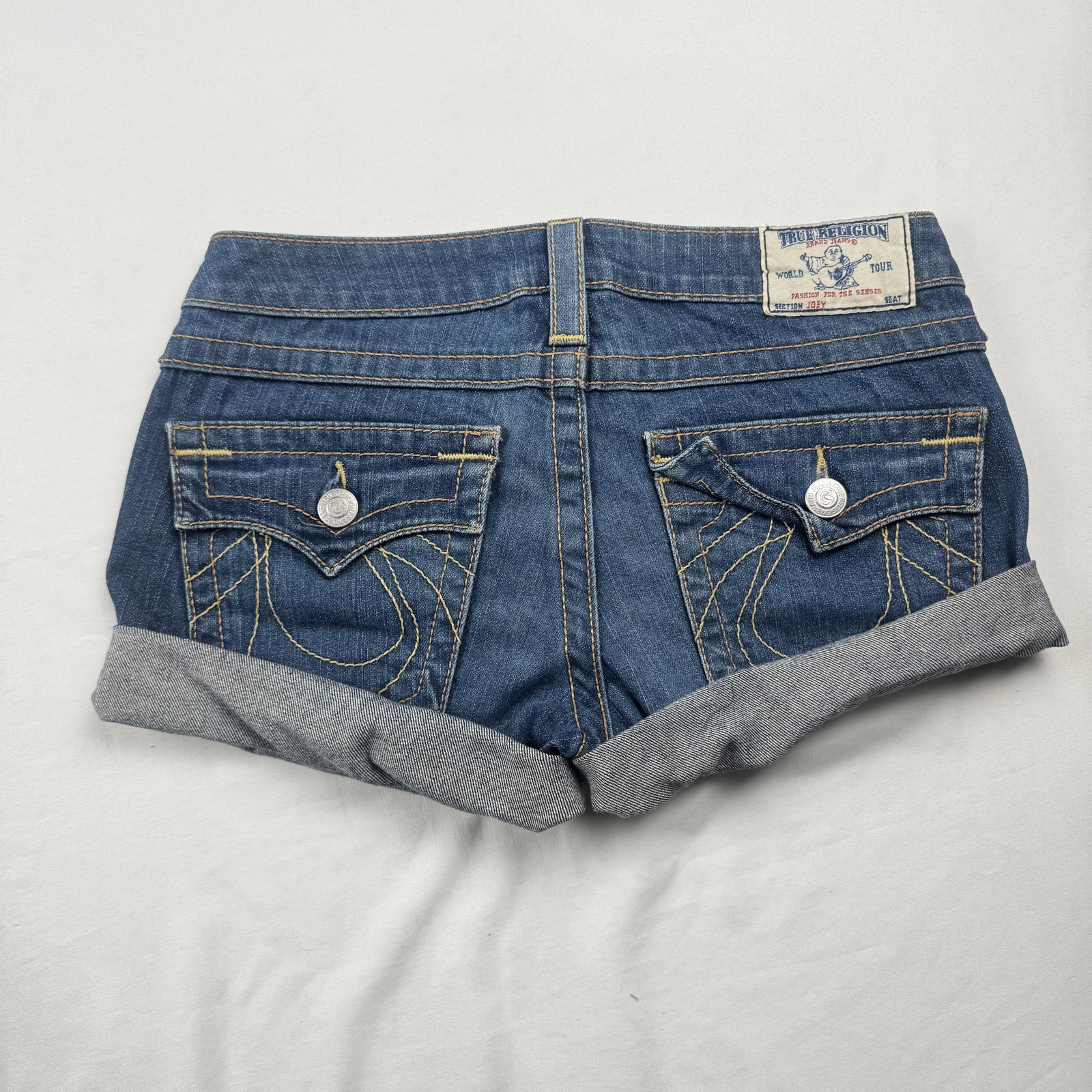 True Religion Denim Shorts Womens 27 Blue Rolled Cuff Embroidered Pockets Casual