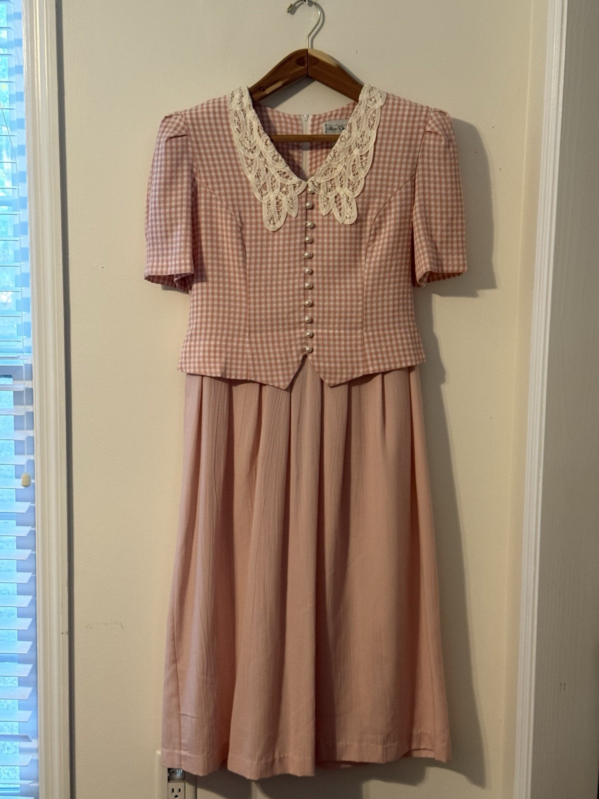 VTG Miss Dorby pink Gingham Dress 12 lace Collar Midi Cottage Grandma chic 90s
