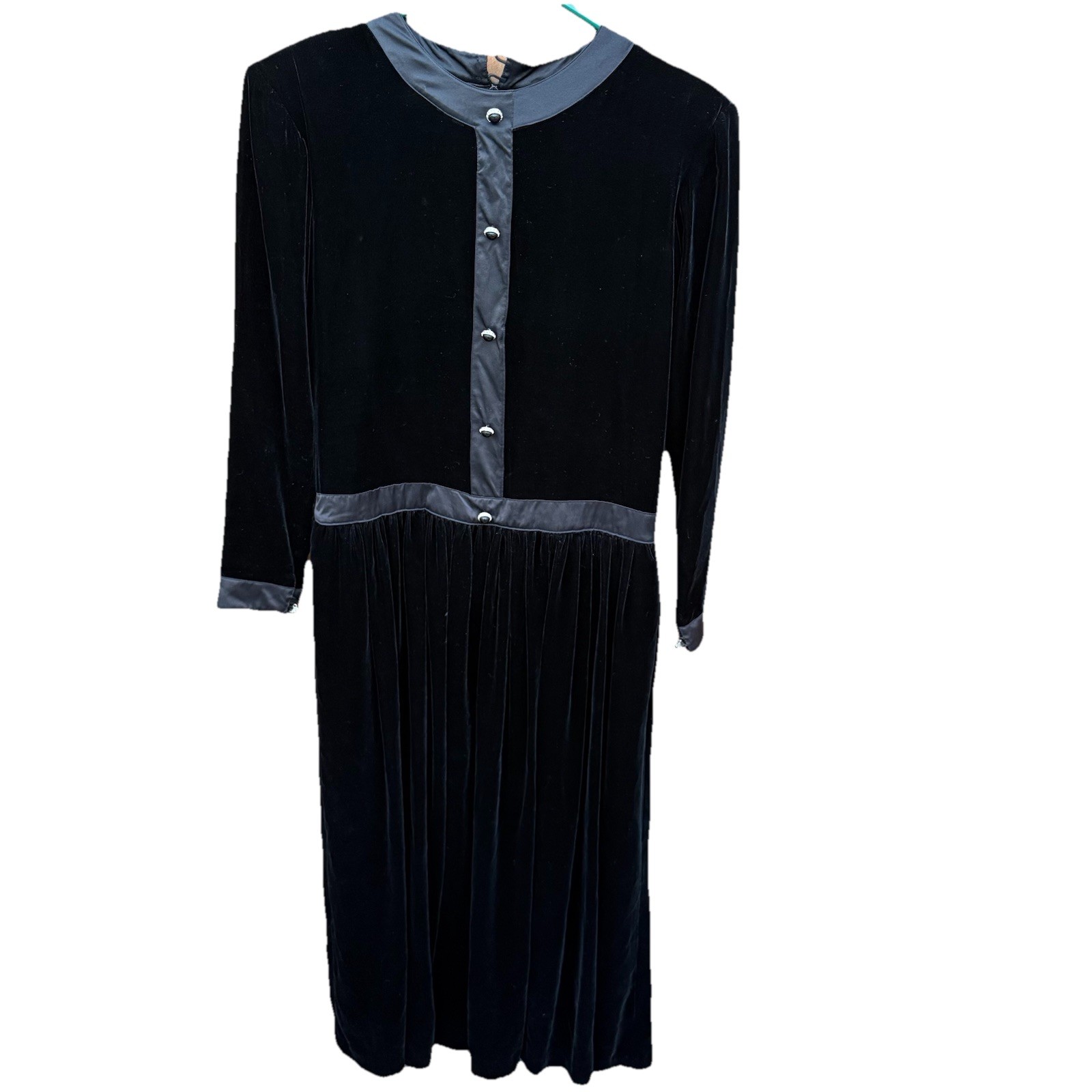 Vtg 1980s Flora Kung Velvet Silk Modest Drop Waist Long Sleeve Dress Pockets 6