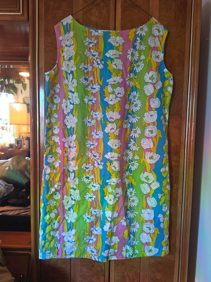 VTG Women&rsquo;s 60s Floral Stripe Mod Midi Linen Shift Dress Sz M 1960s