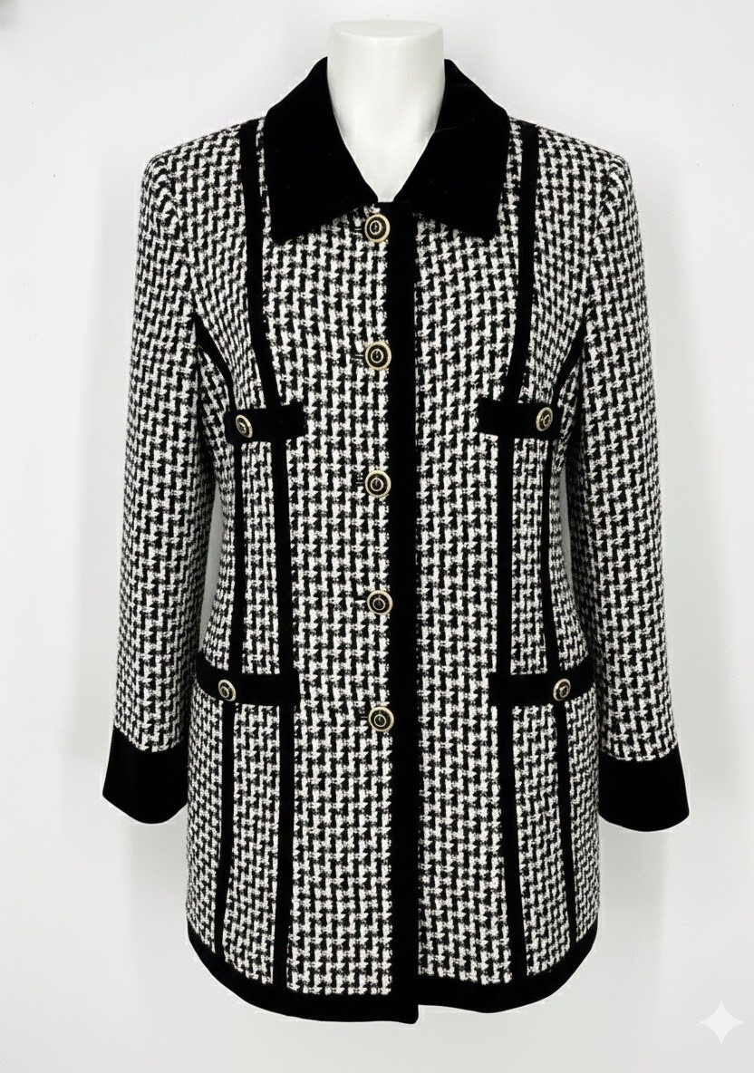 ESCADA by Margaretha Ley Houndstooth Blazer Jacket Tweed Velvet Size 40