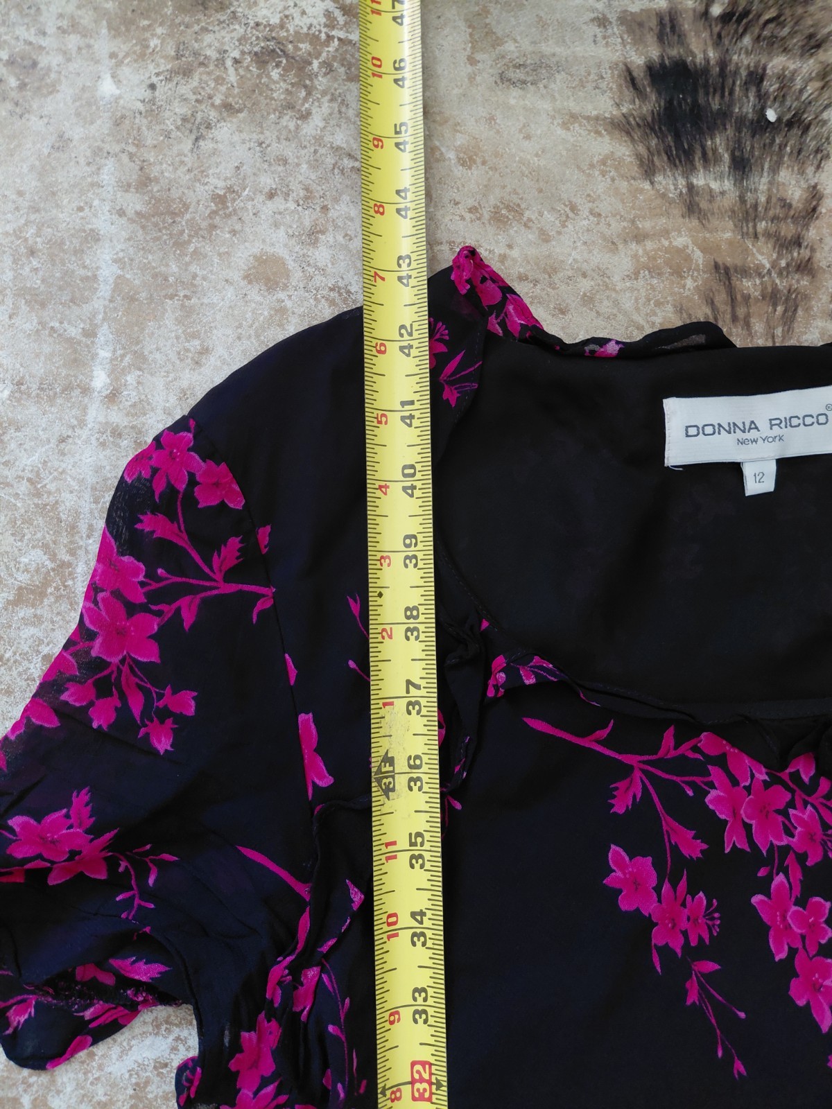 Vintage 90s Black Dress Pink Florals Rouged Sleeves Crinkle Hemlines Size 12