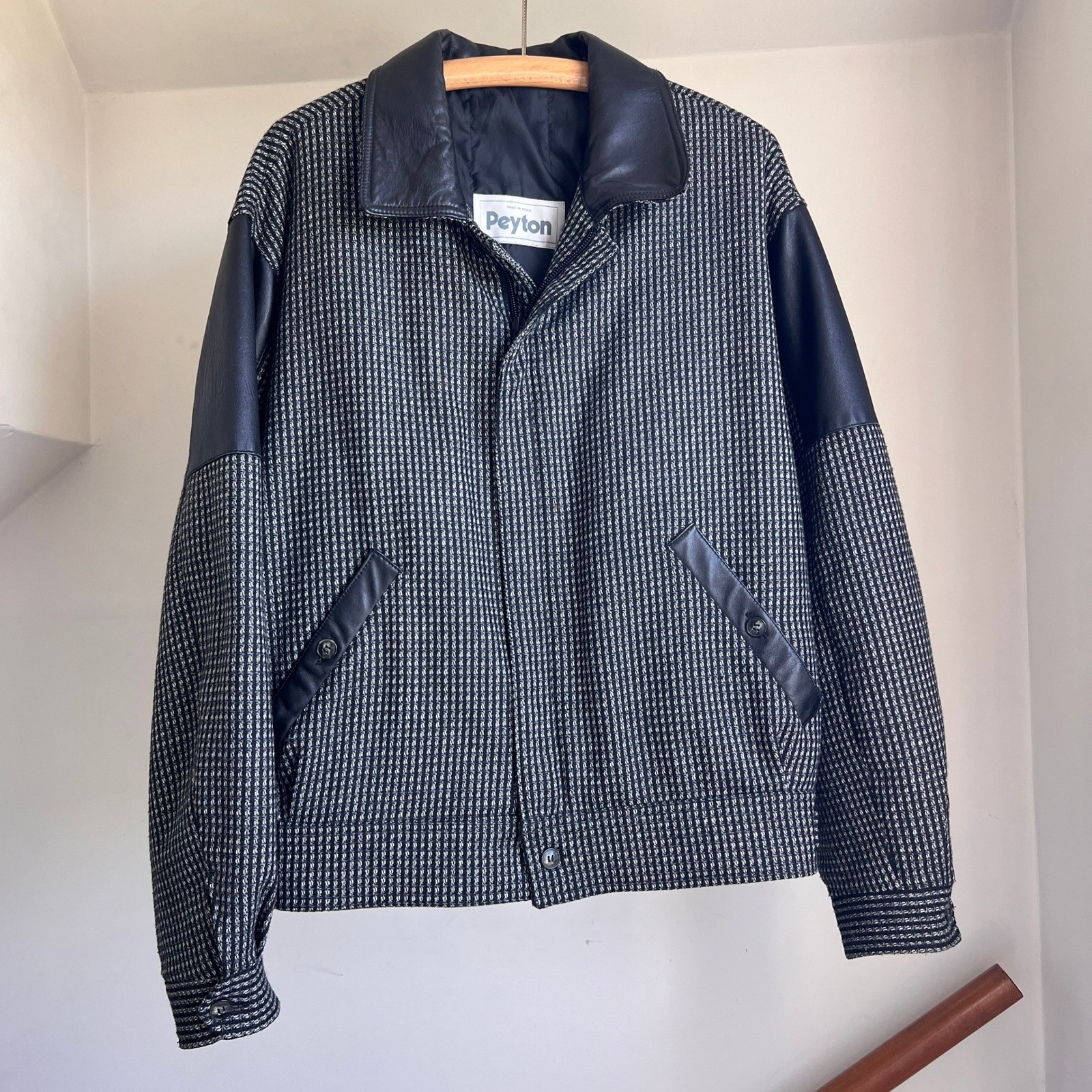Vintage Wool Knit Bomber Jacket Black Leather Trim Textured Zip Up Baggy Coat