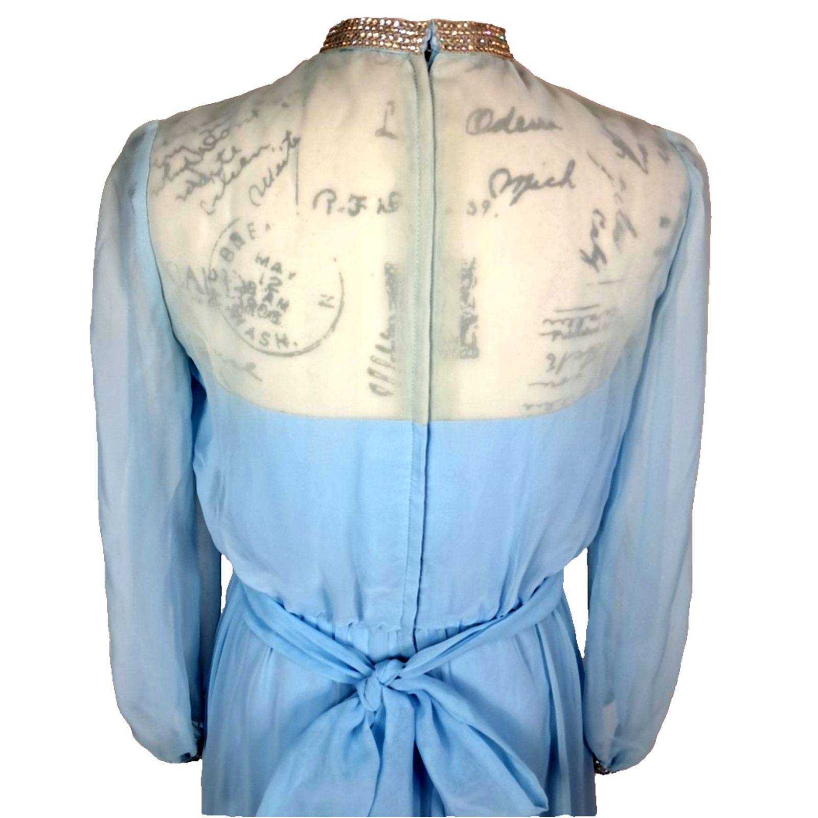 Vtg 70s Sheer Chiffon Rhinestone Maxi Dress Size 9 Blue Regency Formal Union Tag