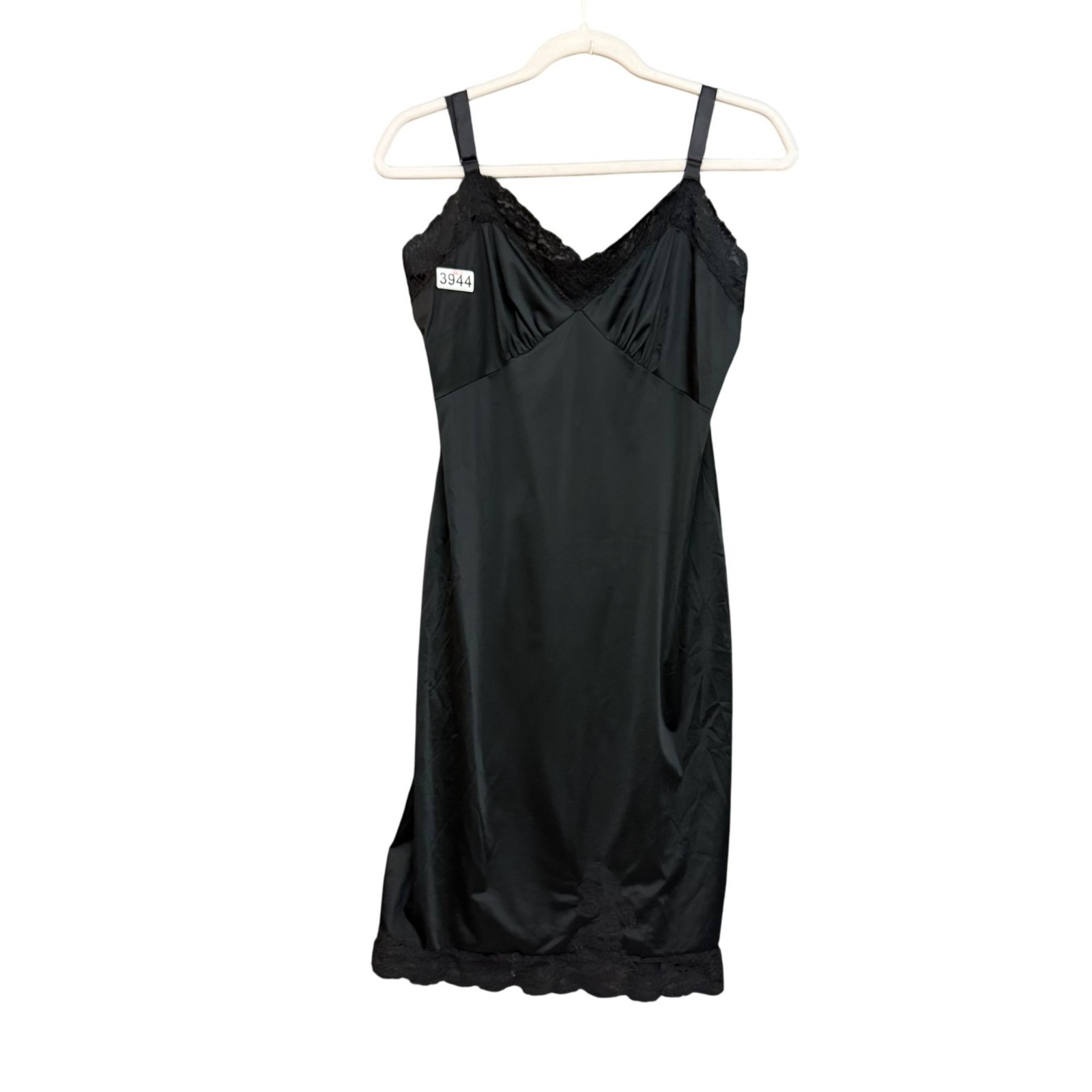 Vintage Rogers Women&rsquo;s Slip Dress Nightgown Black Satin Lace Trim 50s Lingerie