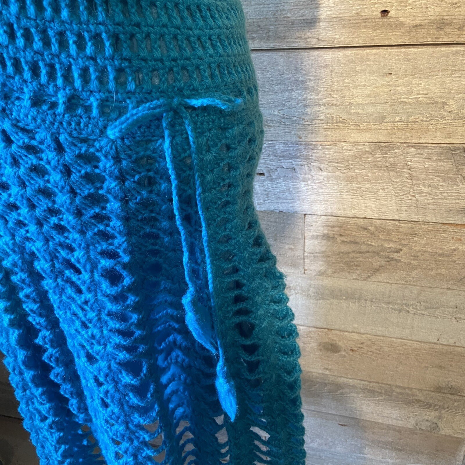 EUC Vintage Handcrafted Crocheted Lined Fit & Flare Blue Dress Size Small