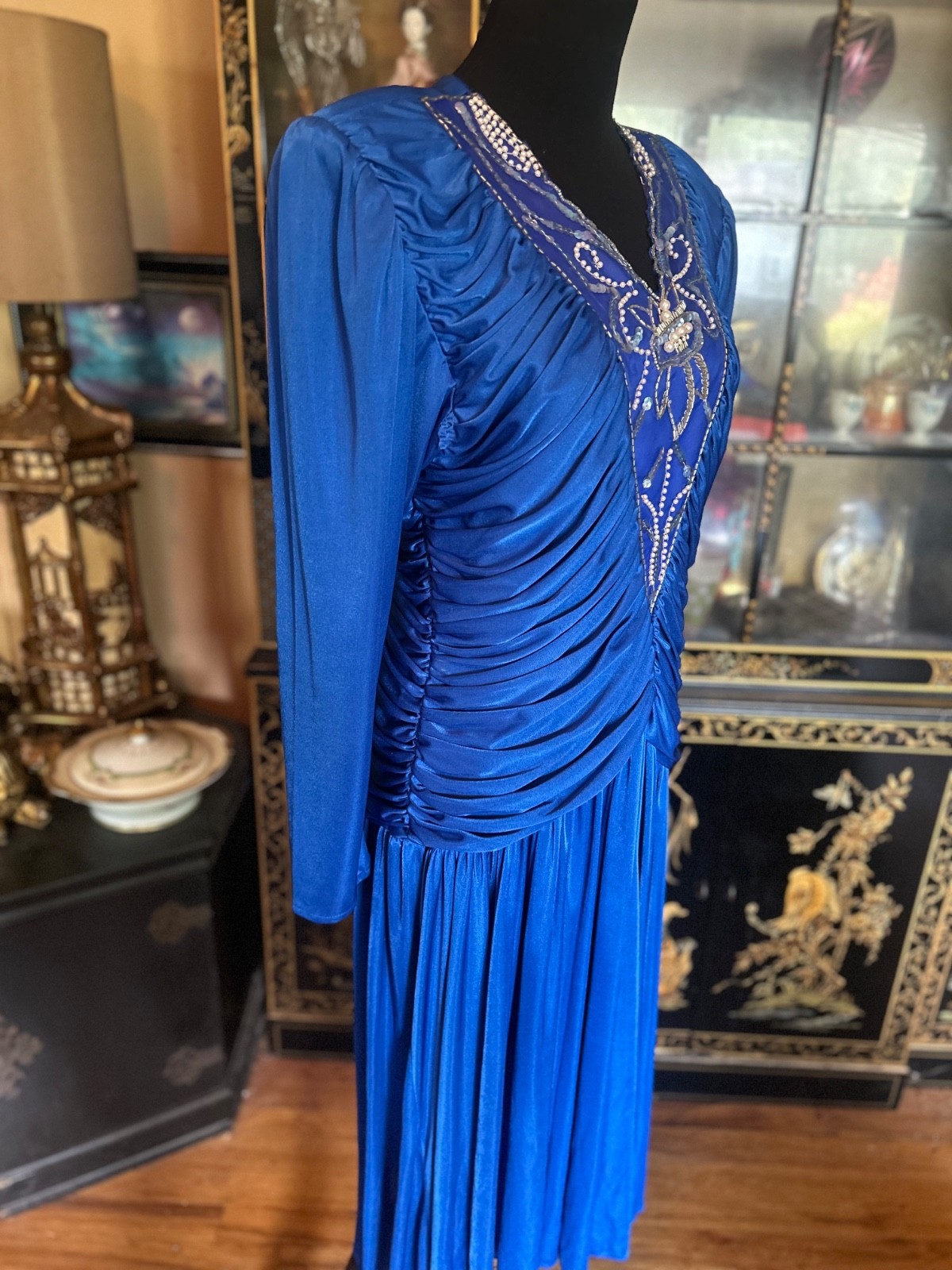 Vintage Dynasty 80s Beaded Sequin Royal Blue Evening Cocktail Dress Size 17/18