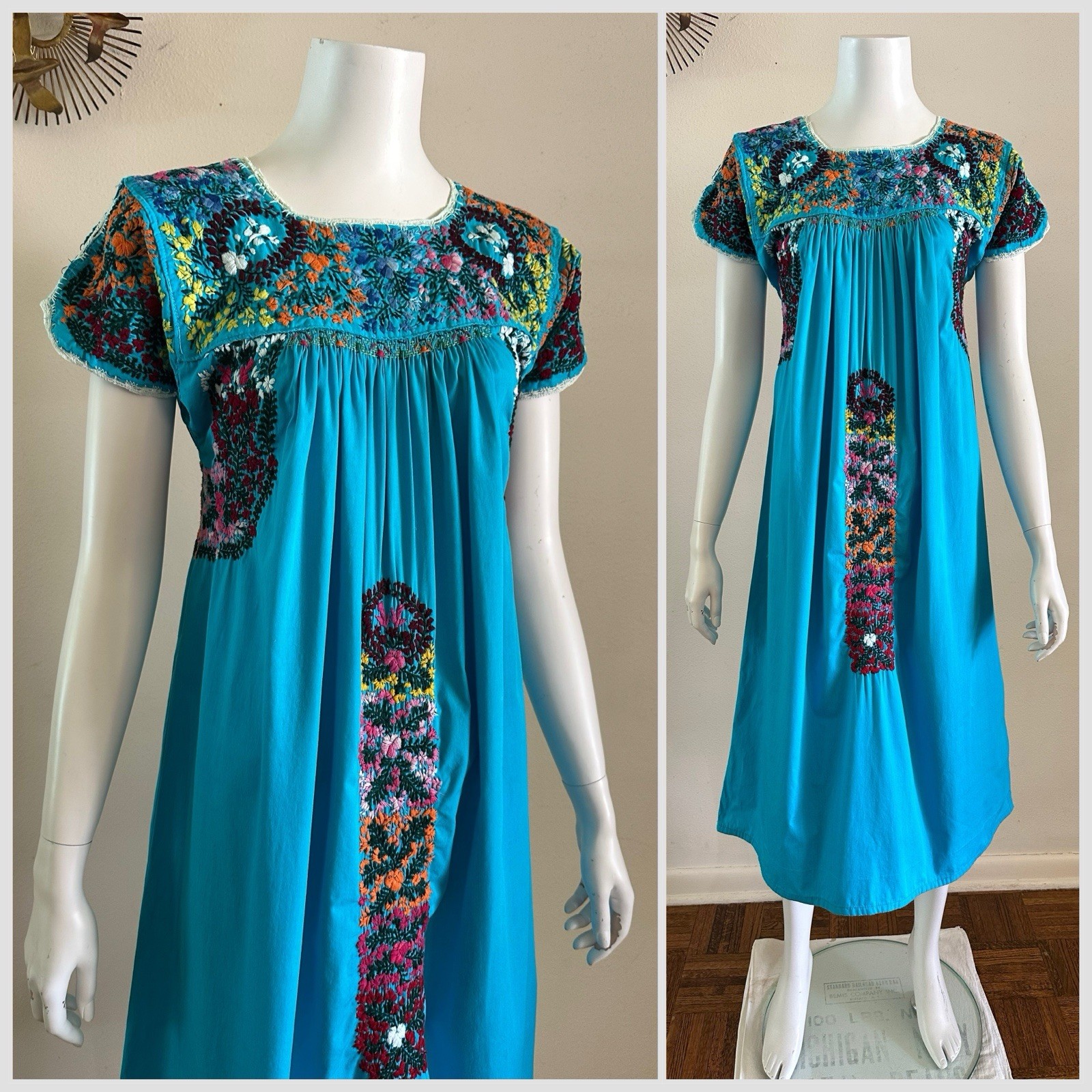 1970s San Antonino Oaxacan Huipil Dress Cotton Hand Embroidered Mexico S VTG