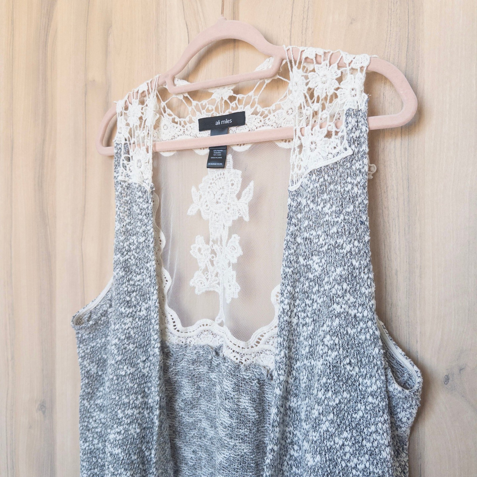 Ali Miles Womens Crochet Lace Back Vest Size L Open Front Marled Boho Cottage