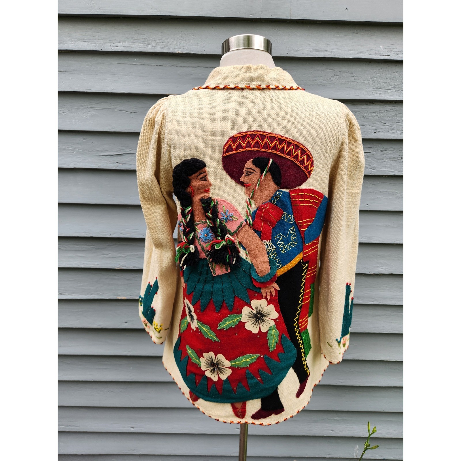 Vintage 50s Mexican Tourist Jacket Cream Embroidered Folk Art Applique Medium