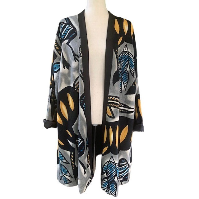 Vintage Oversized Bird Print Open Front Jacket L Coatigan Art to Wear Maximalist