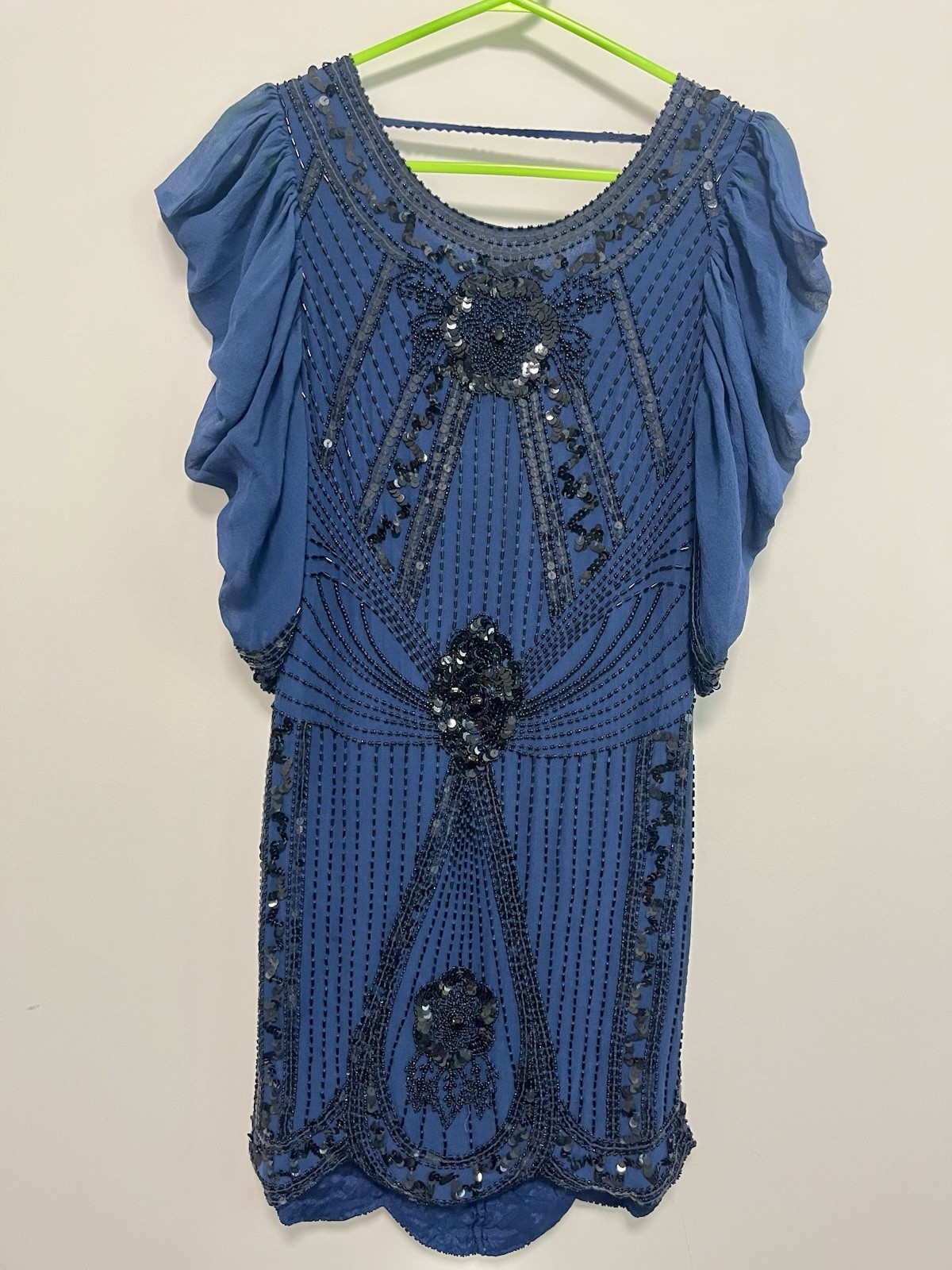 Vintage 1920s Style Silk Flapper Dress Beaded Sequin Gatsby Party Blue XS UK 8