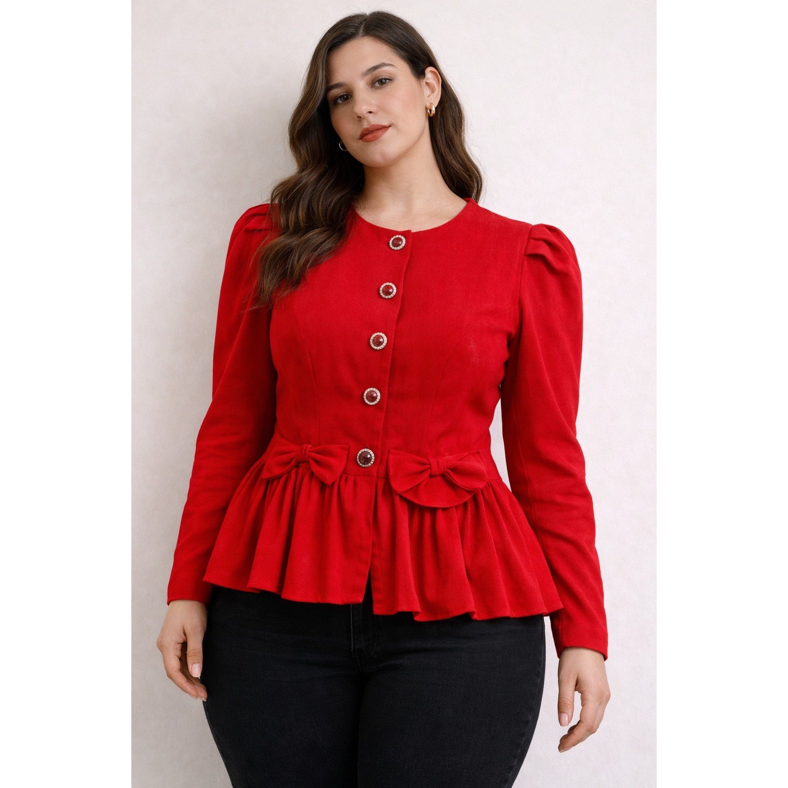 Connections Vintage 80s Red Peplum Bow Jacket Pleated Puff Sleeve Size 12 USA