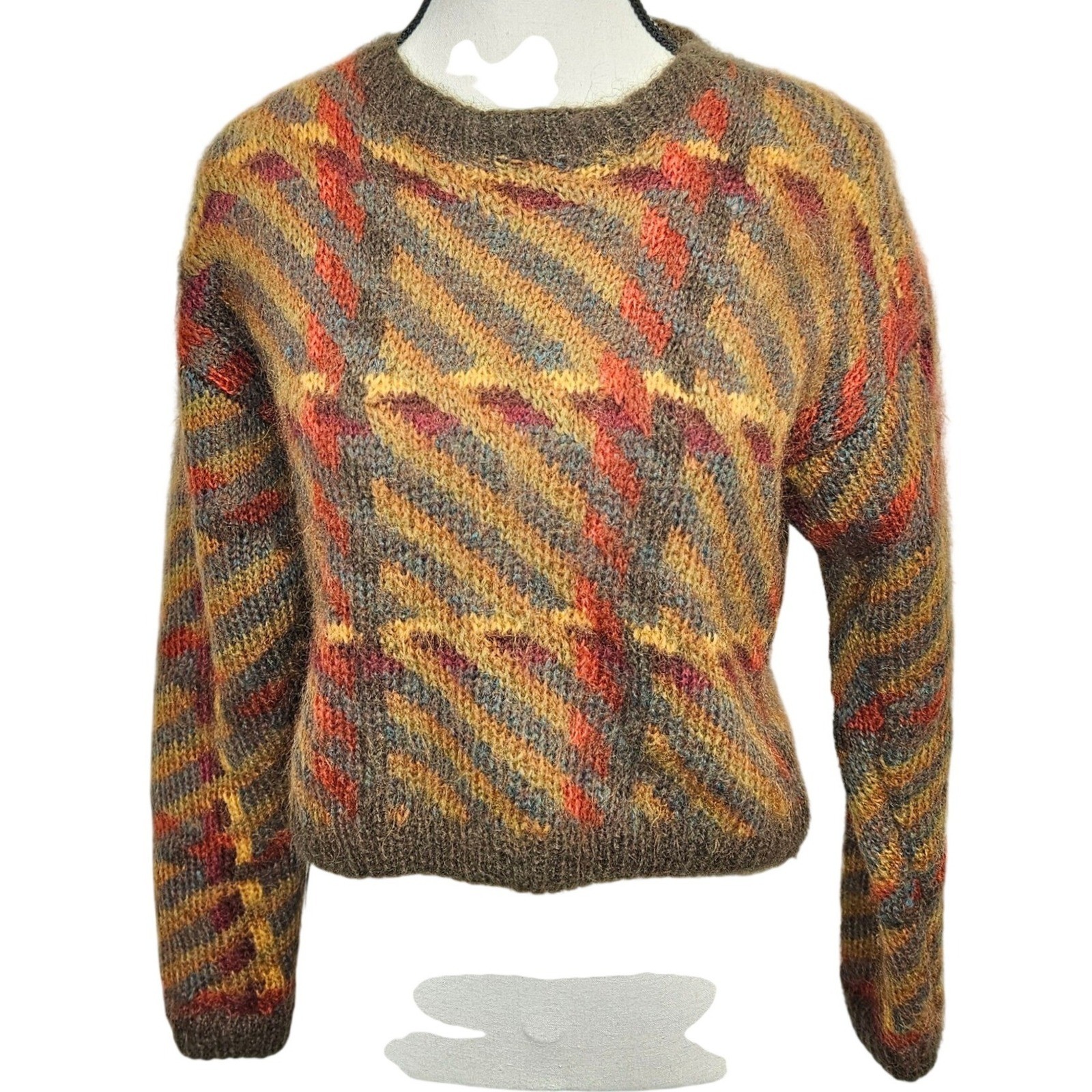 Vtg Linda Allard Ellen Tracy HAND KNIT 61% Mohair Plaid Sweater Fuzzy Chunky P