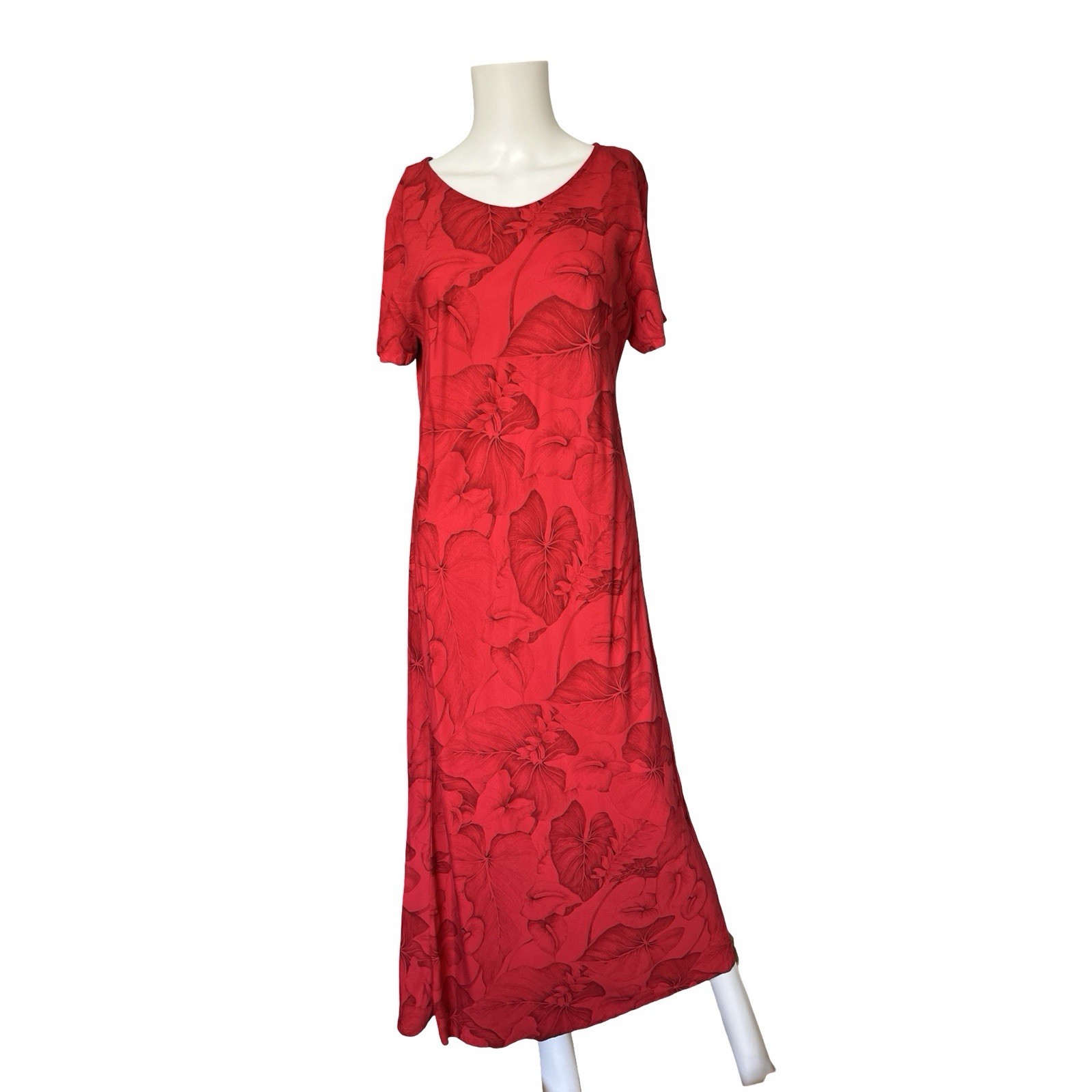 Vintage Hilo Hattie Hawaiian Maxi Dress Red Floral Print Womens Size Large