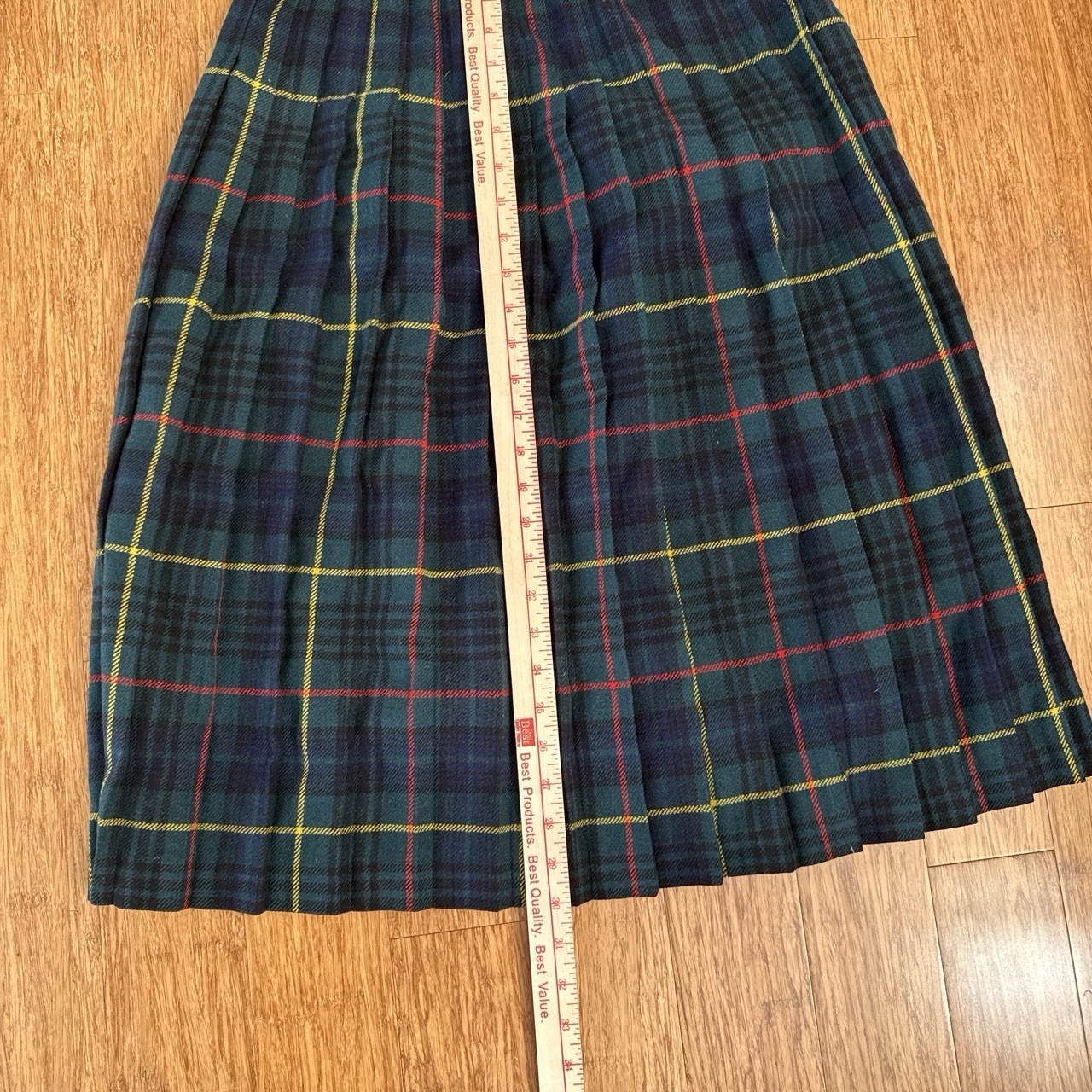 Vintage 100% wool brendella Green, red, and yellow plaid pleated midi skirt